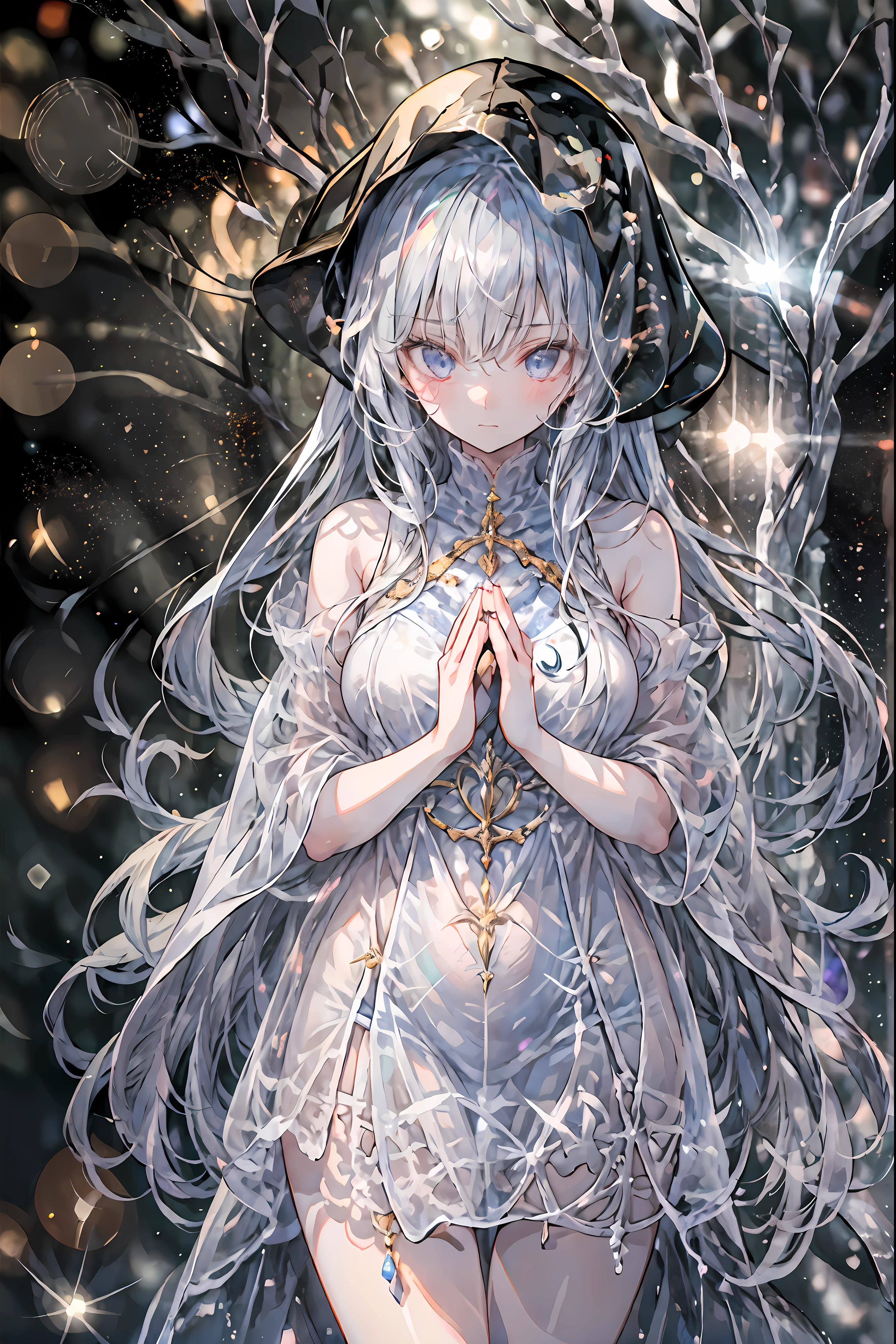 high-definition raw color photos, professional shooting, (((((Bokeh))))), written boundary depth, captured with a sony α7IV,((Maiden's Prayer)),Freezing Beauty、Gentle Gaze Occasionally Peeking Under a Ghostly Appearance masterpiece, Realistic, Beautiful Portrait, high resolution, Vivid Colors, Fine Texture, extreme detail depiction, Professional Shooting, Bokeh味, HDR, studio lighting, photorealistic expression, emotional expression, Frozen skin , Flowing Hair、Frozen Eyes、Transparent Underwear、Ice Background、in dark tones、mystical atmosphere