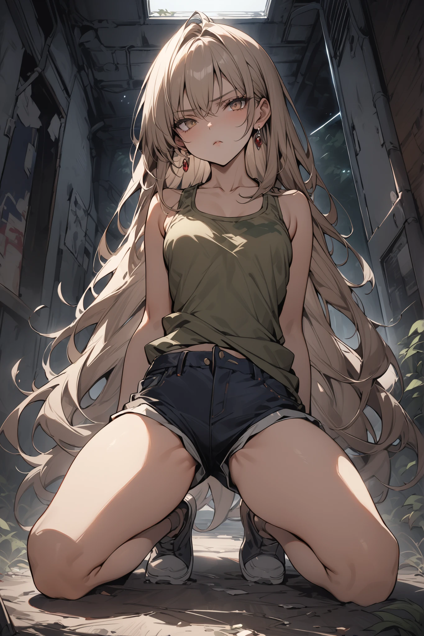 ((masterpiece,Highest Quality:1.2)),(soro),slender,A middle school girl who was caught by a ghost at an abandoned hospital at night、kneeling with her legs spread left and right,cowboy shot,beautiful skin,(Thin thighs),(healthy tanned skin,) light brown very long hair,Perfect brown eyes , tree eyes ,Serious Expressionless,Camouflage Tank Top, Black Denim Shorts,Gold Earrings