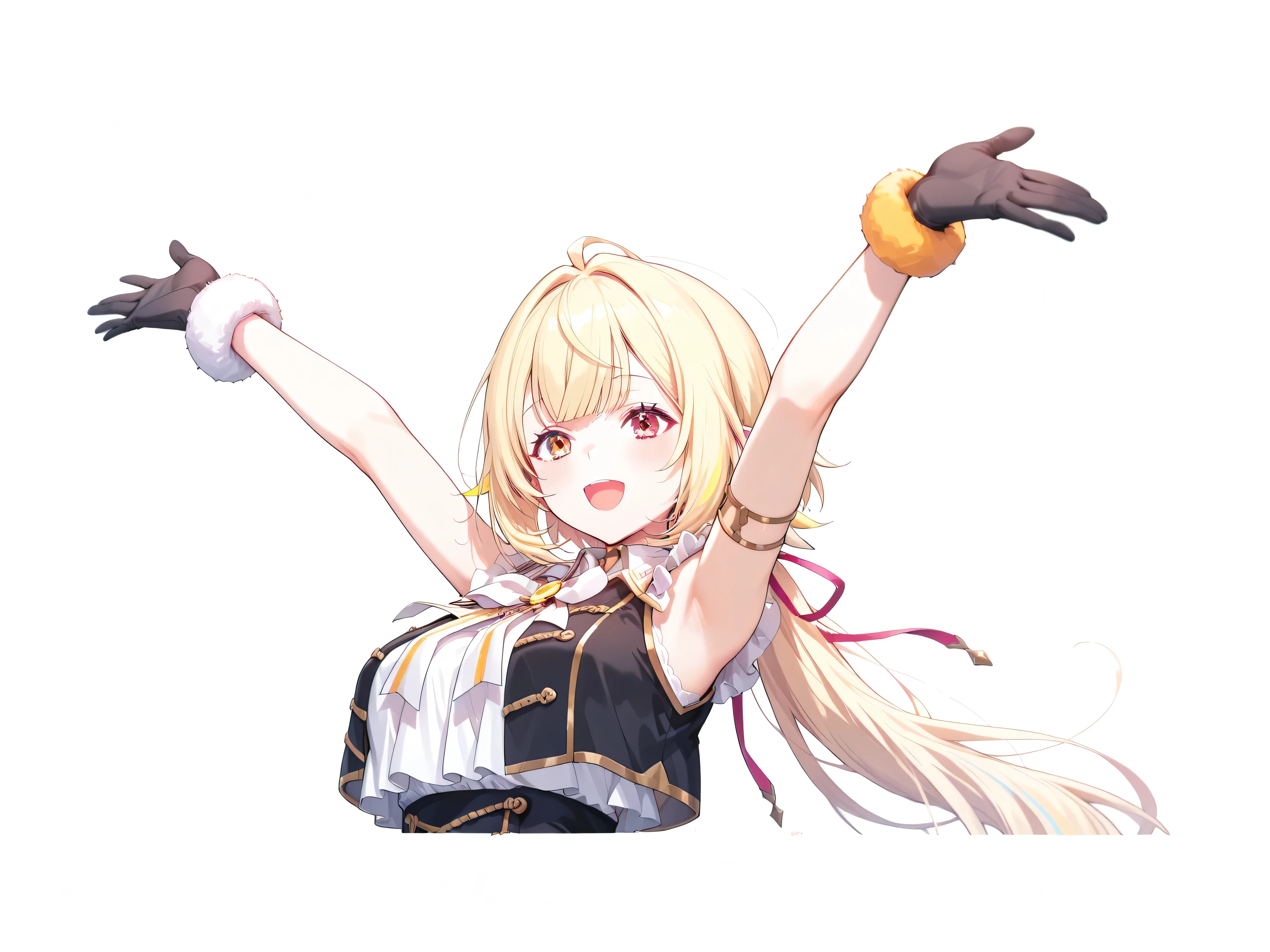 hand,nijisaracos,white shirt,frills shirt,shirt overhang,sleeveless,black vest,crop top vest,open vest,aiguillette,gold trim,white bow,yellow brooch,high-waist skirt,white skirt,frilled skirt,layered skirt,single thigh strap,fur-trimmed gloves,((detailed hands)), ((open hand seen from below)), masterpiece, best quality, highres, anatomically correct,