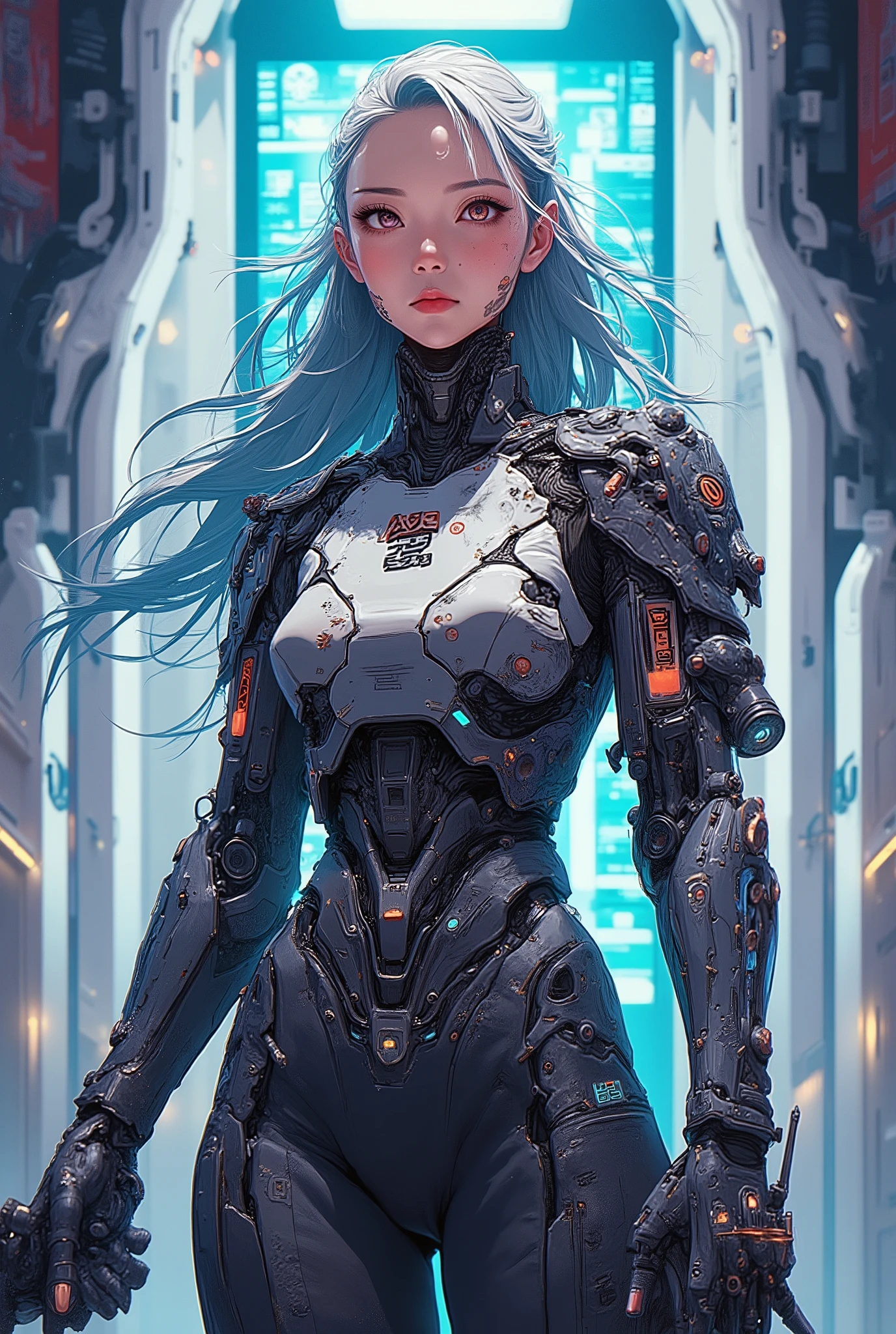 ((anime art style illustration) of (perfect Asian cyberpunk girl))), (((wearing incredibly detailed ornate cyberpunk samurai armour))), ((LED lights)), (shapeless long hair), perfect features, ((((full figure) dynamic pose))), (((starship interior))), abstract beauty, near perfection, pure form, concept art, intricate detail, 8k post-production, High resolution, super Detail, art station Trends, sharp focus, studio photos, intricate detail, Very detailed.