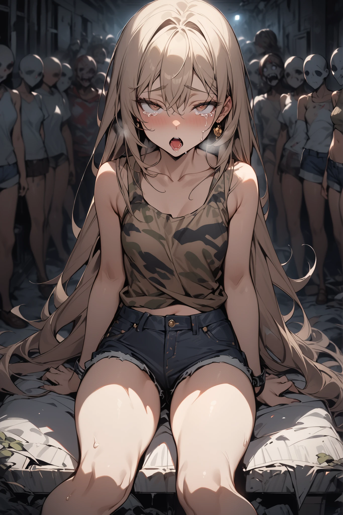 ((masterpiece,Highest Quality:1.2)),(1girl),slender,surrounded by a large number of zombies in an abandoned hospital at night、Middle school girl sitting with her legs spread from side to side,cowboy shot,beautiful skin,(Thin thighs),(healthy tanned skin,) light brown very long hair,Perfect brown eyes , tree eyes ,ahegao,crying,Camouflage Tank Top, Black Denim Shorts,Gold Earrings,brown sandals