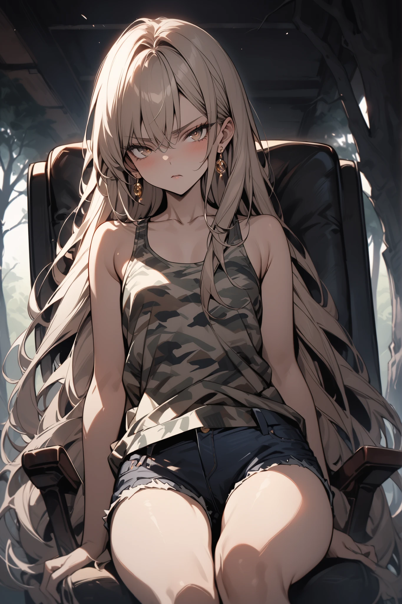 ((masterpiece,Highest Quality:1.2)),(soro),slender,A junior high school girl who sits on a chair with her legs spread wide and stares at us due to an obsolete illness at night,cowboy shot,beautiful skin,(Thin thighs),(healthy tanned skin,) light brown very long hair,Perfect brown eyes , tree eyes ,Serious Expressionless,Camouflage Tank Top, Black Denim Shorts,Gold Earrings