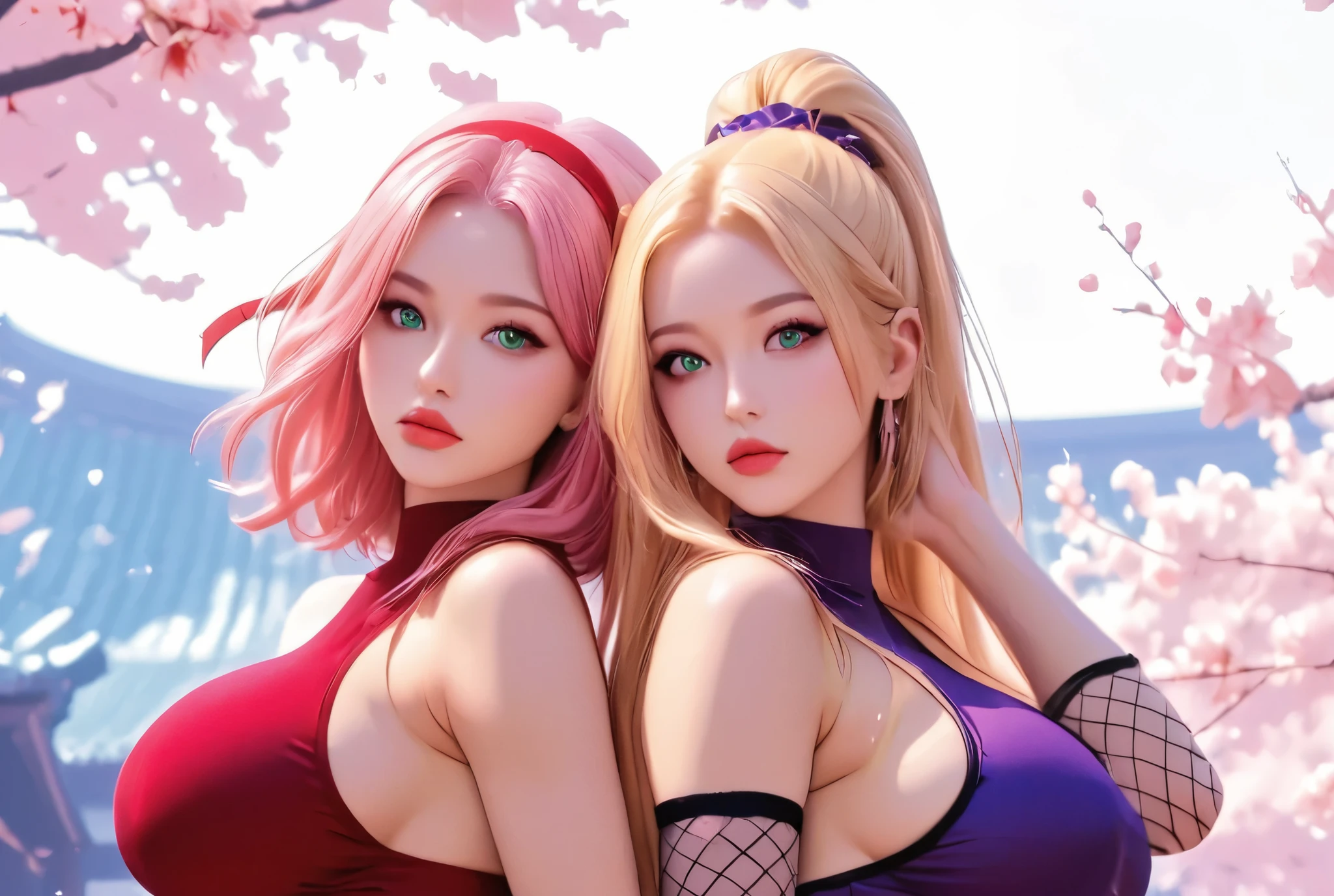 super sexy horny girls looking at the viewer, sexy seducing poses, very big ass, very big breasts,, light skin, long legs, sexy hottie, athletic body, long high heels shoes,  first girl:  green eyes, pretty big lushy lips, very big forehead, slim body naked balley, pink hair, red hairband, red top, black sport gloves, bege skirt. second girl:  big blue eyes, pretty big lushy lips,veru long front hairbang, slim body naked balley, blond hair,  purple top, long purple skirt, fishnet tights,(, 2.5D, cinematic), blue rim light, japanese village with sakura blossom on background, cinematic shot, sharp focus, fine details, anime realism, film still, depth of field, 8k,cinematic color grading, anime style

2