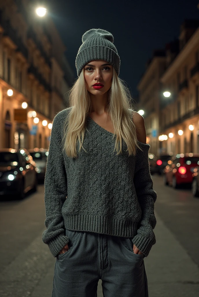 A stylish young woman standing on a European street at night - SeaArt AI