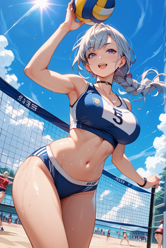 （Sweat, White skin:1.5、Light gray sports bra, ）, , Fitness, , ((Beach volleyball swimsuit)),, Sturdy body、((Big Eyes in Anime))
