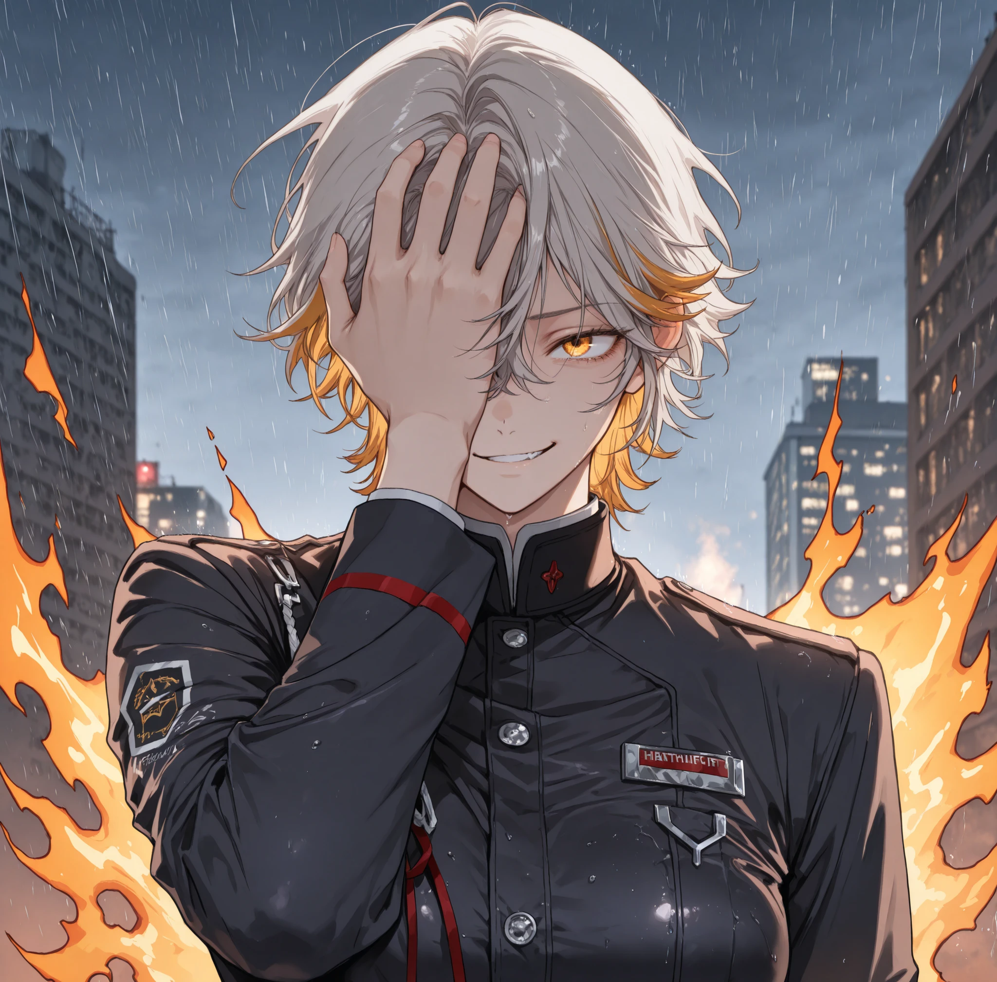 ruanyi1204,rain,outdoors,partially covered in shadow,(looking at viewer, portrait shot:0.22), dynamic shot, dynamic pose, warrior, (medium shot, three quarter shot:1.3), (1girl:0.35), solo, masterpiece, best quality, amazing quality, very aesthetic, high resolution, ultra-detailed, (soft shading, soft shadows, volumetric light:1.14), short hair, hair covering eye, hair over eye, silver hair, golden highlights, smirk, tomboy hairstyle, tomboy, uniform, burning cape, orfevre, (Heathcliff:1.33), Yandere, bloody clothes, golden eyes, Limbus Company