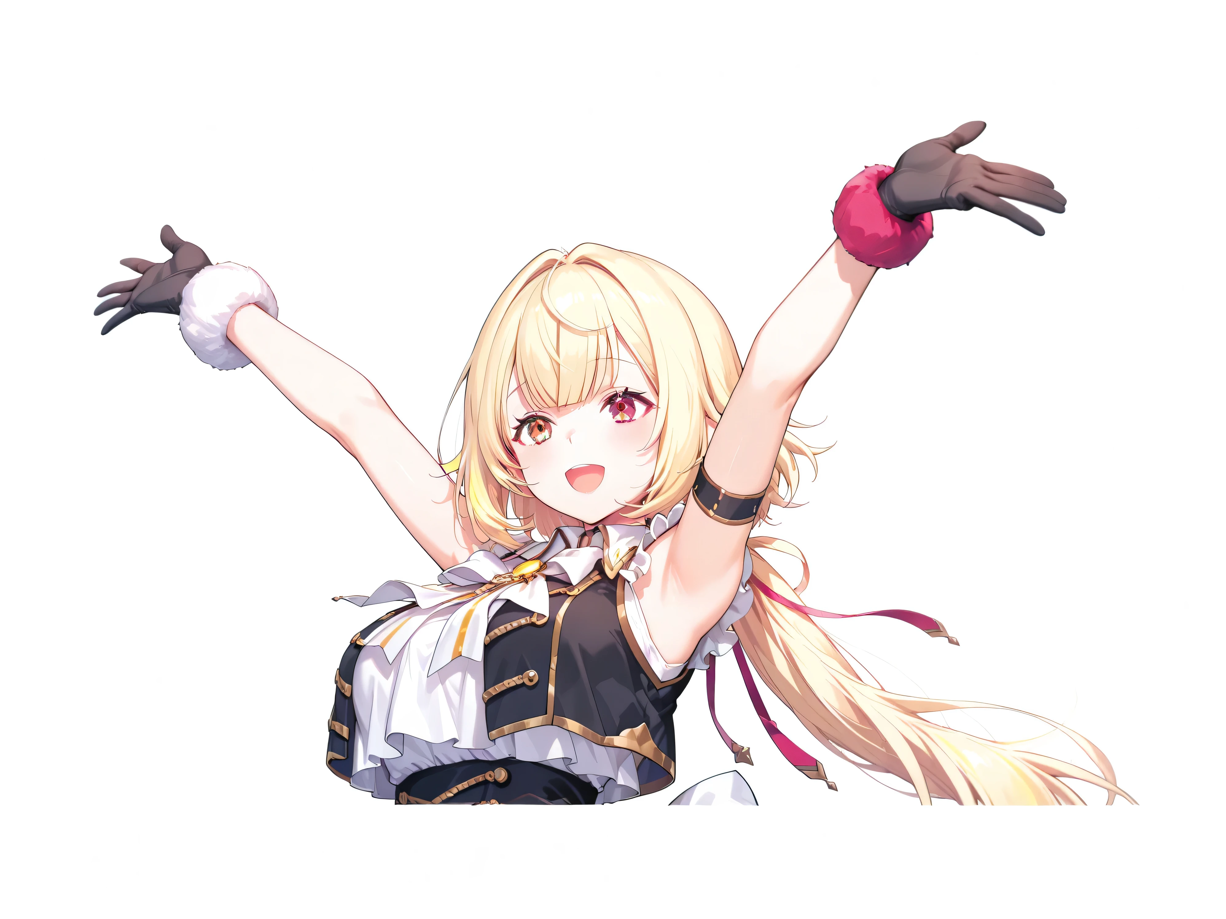 Shiny skin,hand,nijisaracos,white shirt,frills shirt,shirt overhang,sleeveless,black vest,crop top vest,open vest,aiguillette,gold trim,white bow,yellow brooch,high-waist skirt,white skirt,frilled skirt,layered skirt,single thigh strap,((spread fingers)),((detailed hands)), ((open hand seen from below)), masterpiece, best quality, highres, anatomically correct,