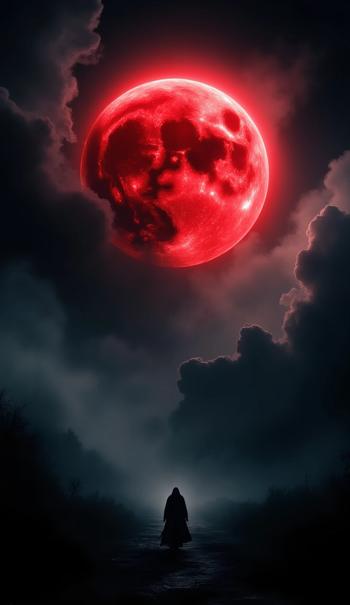 A giant blood moon in a dark stormy night sky, thick clouds partially covering it, glowing red aura, cinematic horror atmosphere, ultra-detailed, ominous, high contrast lighting.
