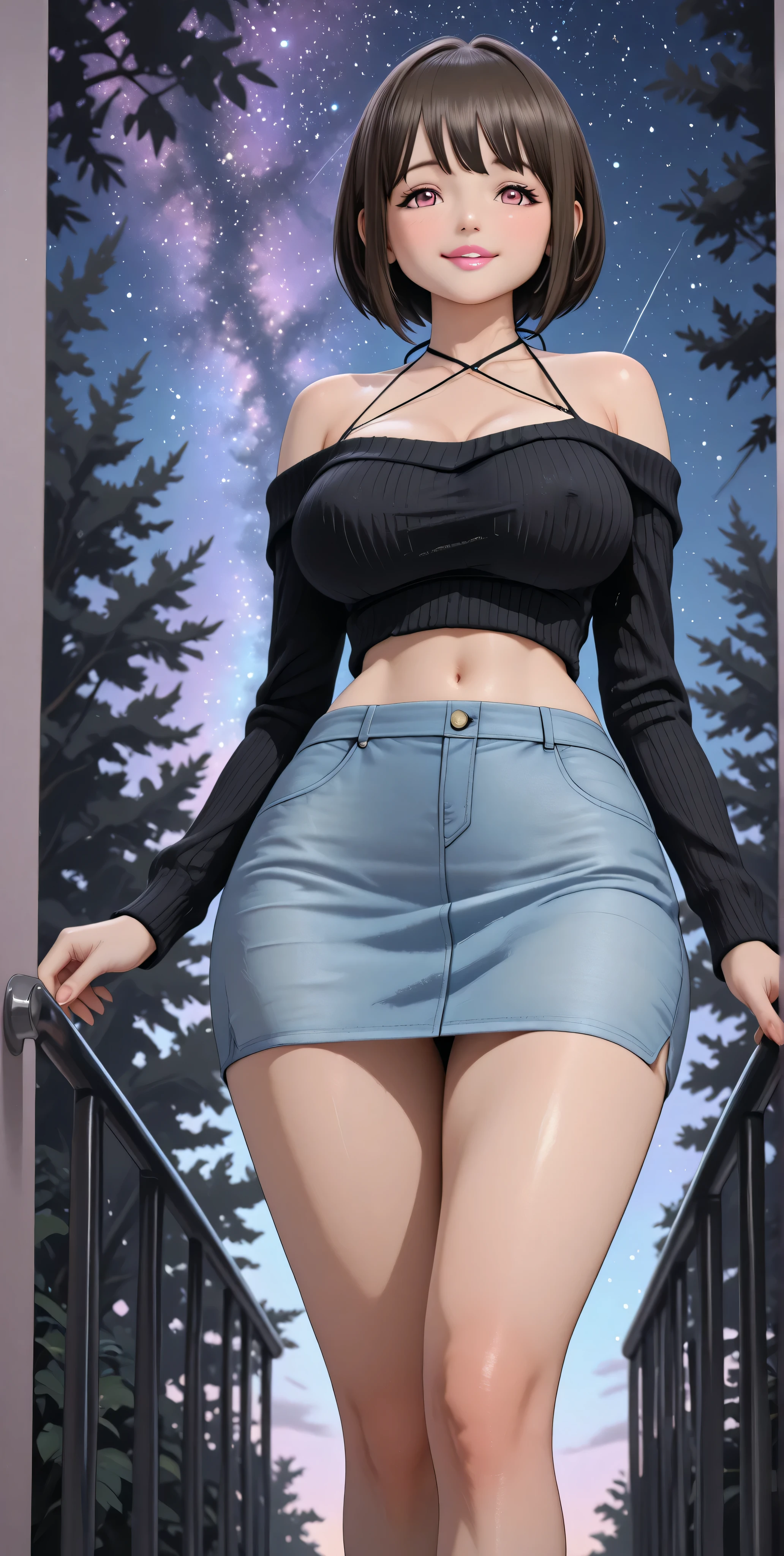 ((UHD. 4k. masterpiece. Perfect anatomy. Hyper-detailed.))

A preteen with the body of a mature MILF.   has a round face , Brown bob hair, bangs, big pink eyes, pink lipstick, half-open lips. Flirty and charming look. Slight bold smile.
She wears a short black sweater, Grooved, with long sleeves, bare shoulders and navel, clavicle, thin straps, Halter neckline. big round breasts.
black leather miniskirt, narrow waist. wide hips, thighs and wide legs. (standing: 1.2), happy face, detailed background, dark forest, Natural starry sky light, light with a navy blue to purple gradient, View from below, vista frontal. (He's walking with sensuality.)
