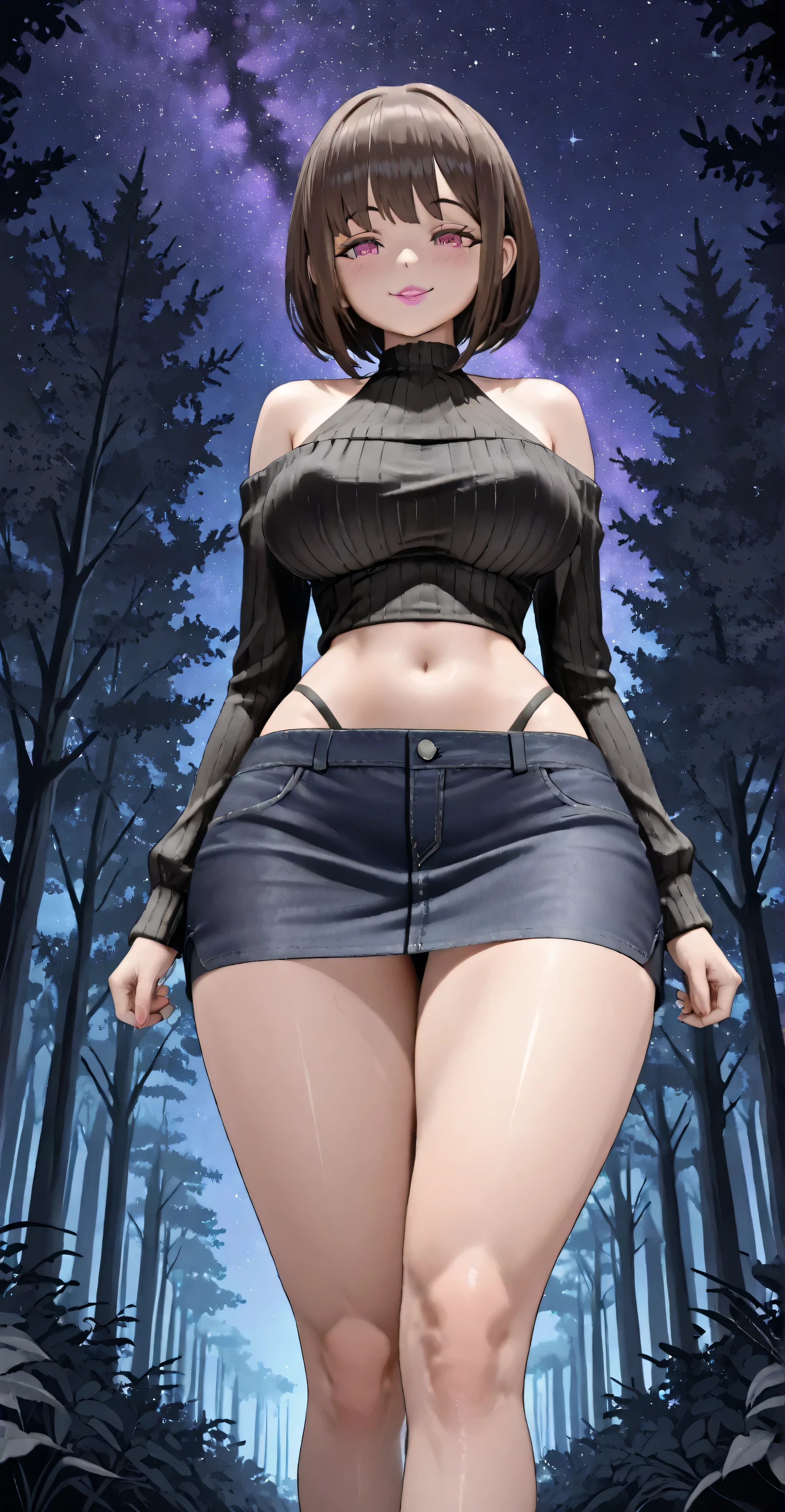 ((UHD. 4k. masterpiece. Perfect anatomy. Hyper-detailed.))

A preteen with the body of a mature MILF.   has a round face , Brown bob hair, bangs, big pink eyes, pink lipstick, half-open lips. Flirty and charming look. Slight bold smile.
She wears a short black sweater, Grooved, with long sleeves, bare shoulders and navel, clavicle, thin straps, Halter neckline.
Black denim miniskirt, narrow waist. wide hips, thighs and wide legs. (standing: 1.2), happy face, detailed background, dark forest, Natural starry sky light, light with a navy blue to purple gradient, View from below, vista frontal. (He's walking with sensuality.)