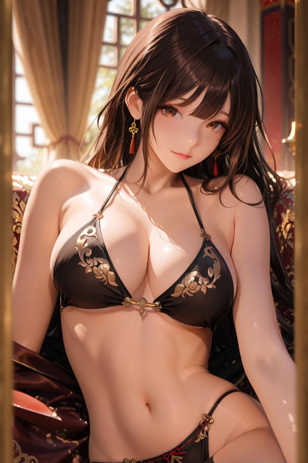 ((in the mountains of japan:1))、((on a tree))、???? female crow tengu、Japanese traditional UMA tengu, ???? japanese monk costume, ???? brown skin, Nice ???? body、tanned healthy ???? skin、One lady、Red hair ornament、((Black Japanese style ???? costume:1))、with the crow