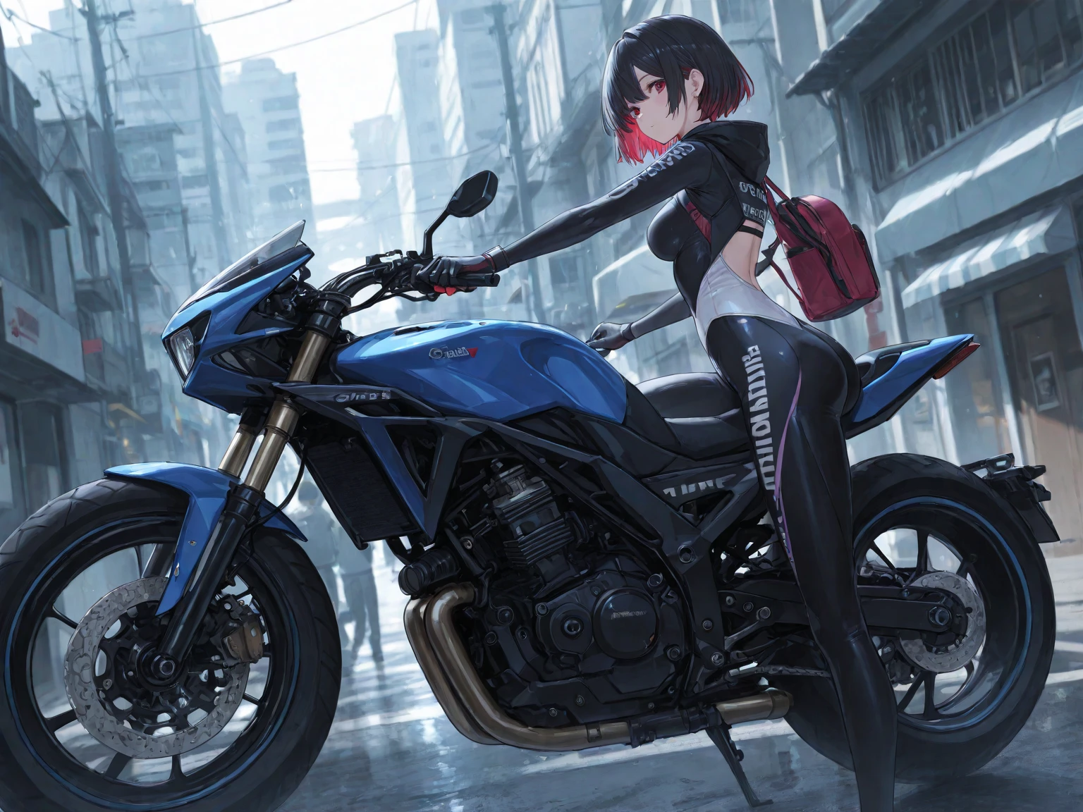 girl、Black Hair、ponytail、Black rider suit、Blue ribbon、Riding on motorcycle、Expressway