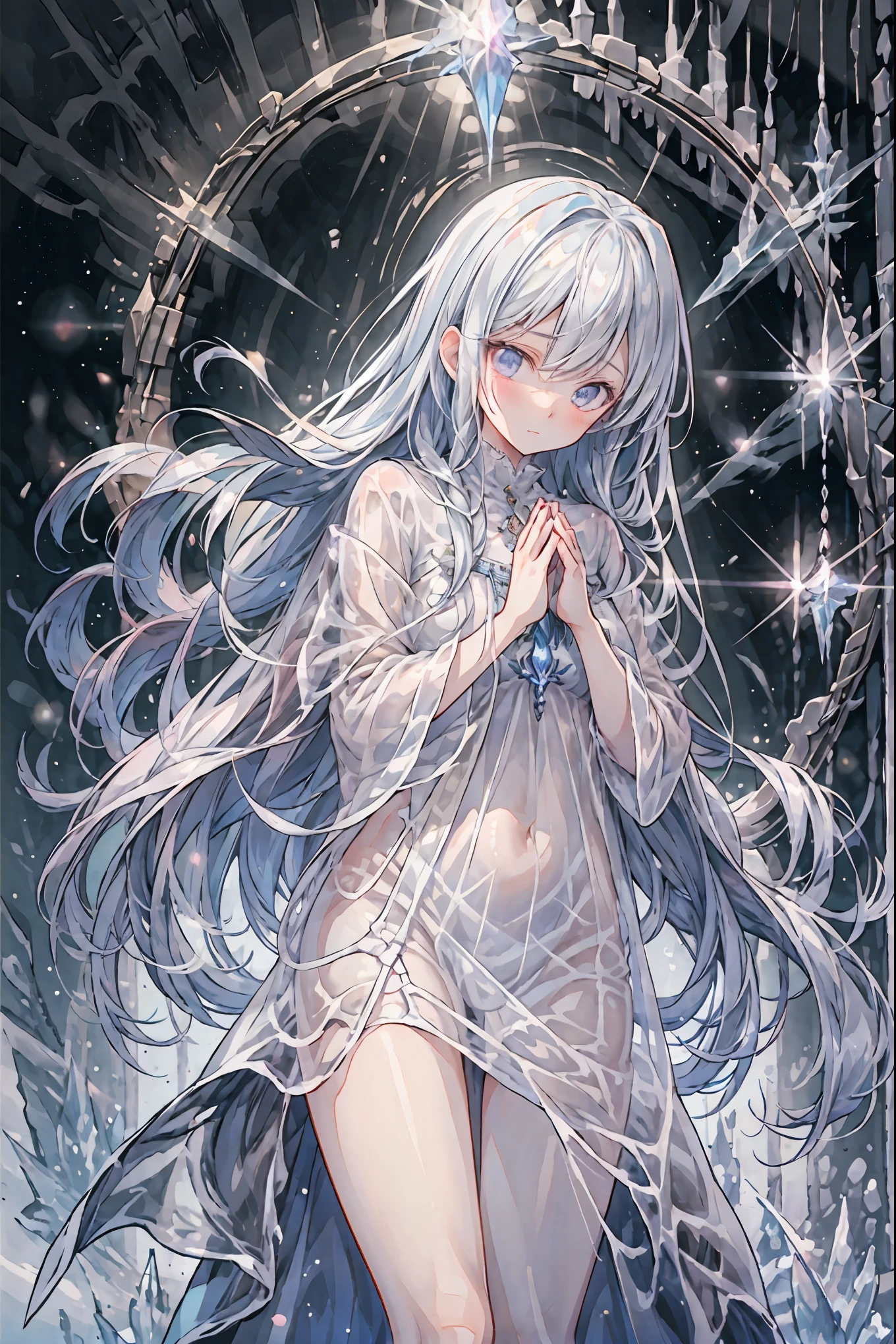 Freezing Beauty、Gentle Gaze Occasionally Peeking Under a Ghostly Appearance masterpiece, Realistic, prayer,Joining hands in prayer,🙏,Beautiful Portrait, high resolution, Vivid Colors, Fine Texture, extreme detail depiction, Professional Shooting, bokeh, HDR, studio lighting, photorealistic expression, emotional expression, Frozen skin , Flowing Hair、Frozen Eyes、Transparent Underwear、Ice Background、in dark tones、mystical atmosphere
