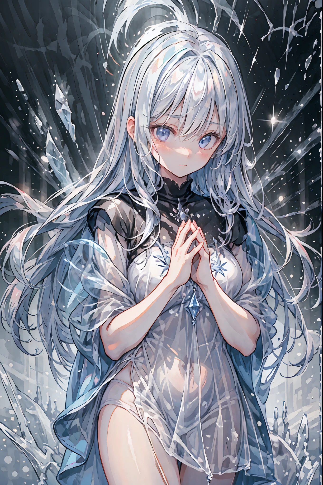 Freezing Beauty、Gentle Gaze Occasionally Peeking Under a Ghostly Appearance masterpiece, Realistic, prayer,Joining hands in prayer,🙏,Beautiful Portrait, high resolution, Vivid Colors, Fine Texture, extreme detail depiction, Professional Shooting, bokeh, HDR, studio lighting, photorealistic expression, emotional expression, Frozen skin , Flowing Hair、Frozen Eyes、Transparent Underwear、Ice Background、in dark tones、mystical atmosphere