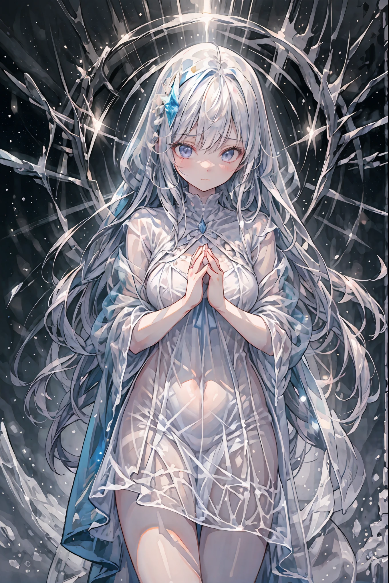 Frozen Beauty、A Gentle Gaze That Occasionally Peeks Under Her Ghostly Exterior masterpiece, Realistic, prayer,Joining hands in prayer,🙏,Beautiful Portrait, high resolution, Vivid Colors, Fine Texture, extreme detail depiction, Professional Shooting, bokeh, HDR, studio lighting, photorealistic expression, emotional expression, Frozen skin , Flowing Hair、Frozen Eyes、Transparent Underwear、Ice Background、in dark tones、mystical atmosphere