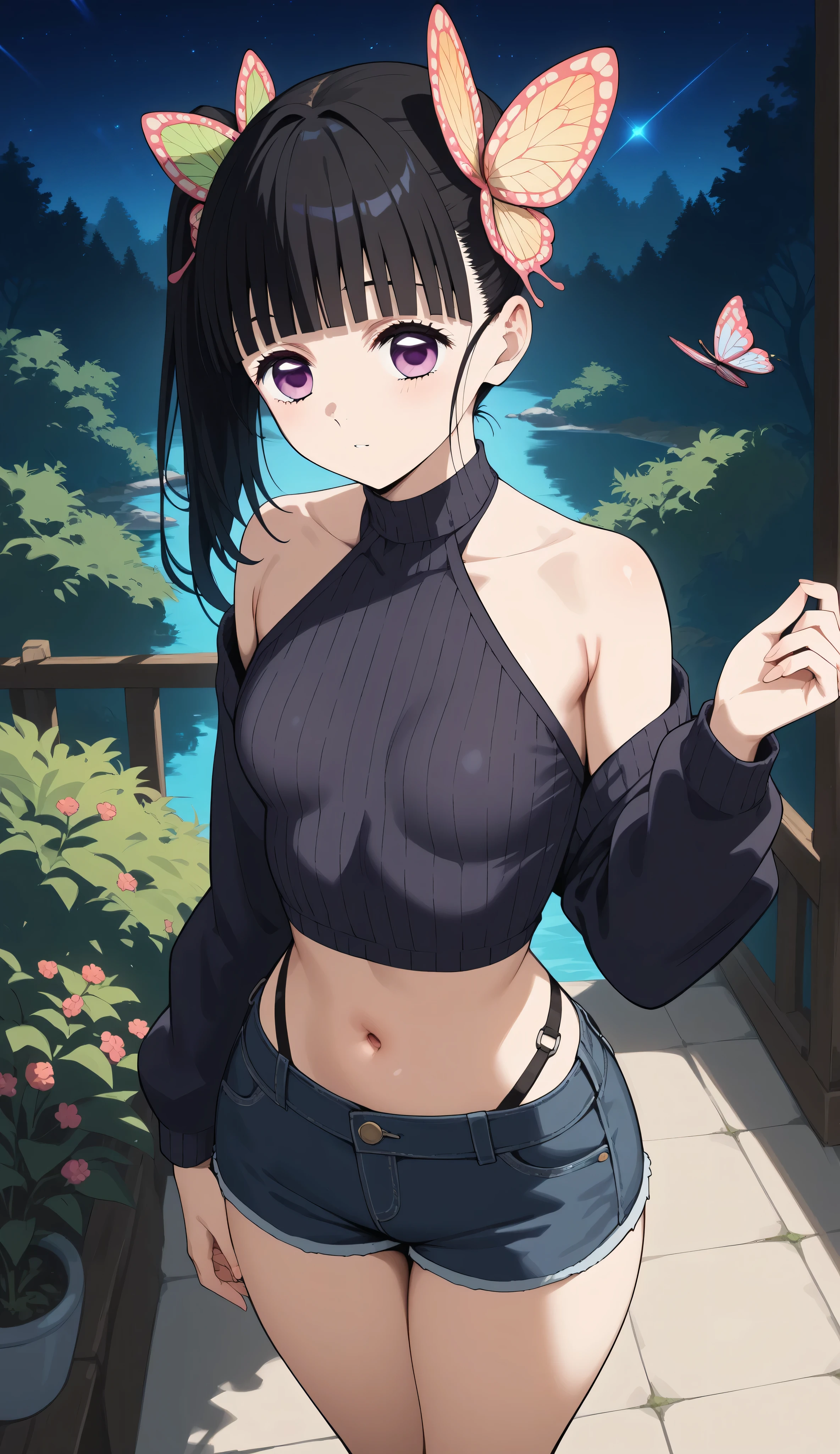 score_9, score_8_above, score_7_above, score_6_above, score_5_above, score_4_above,
source_anime, Scudo , long hair, black hair, side ponytail, hair ornament, purple eyes, small breasts.
She wears a short black sweater, Grooved, with long sleeves, bare shoulders and navel, clavicle, thin straps, Halter neckline
Black denim miniskirt, narrow waist. wide hips, thighs and wide legs. dark forest, Natural starry sky light, light with a navy blue to purple gradient. seated, sexy pose. resolution garden, butterfly in hand,