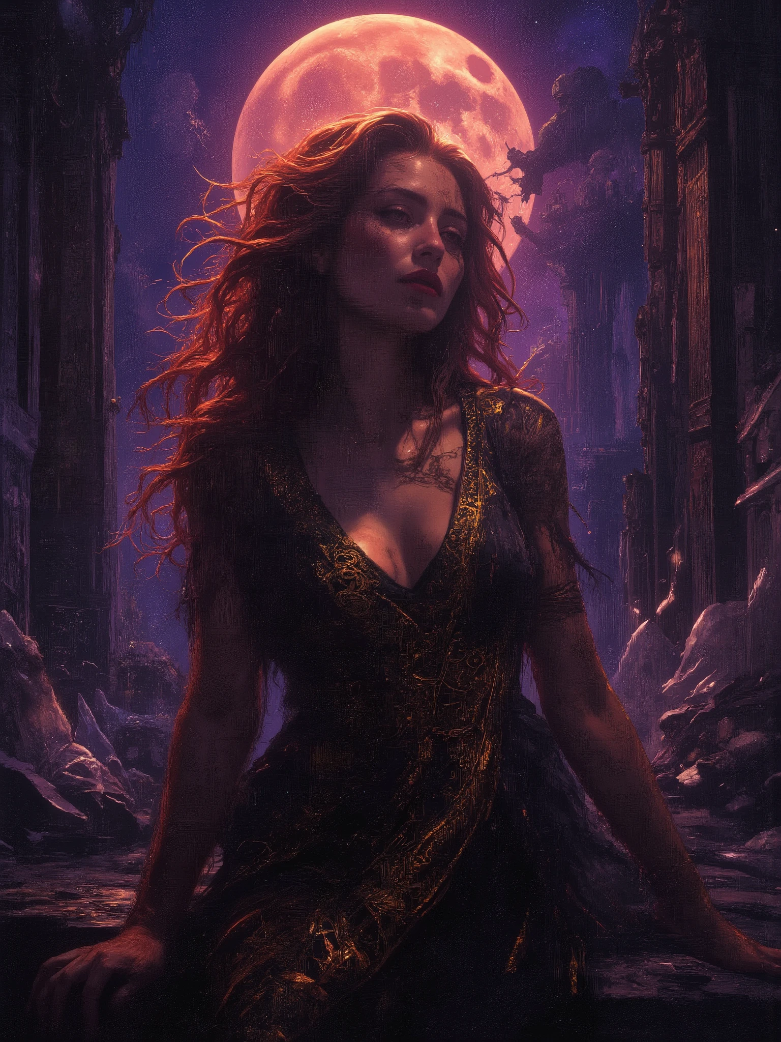 Intimate semi realistic surreal portrait of a busty divine siren goddess, oil painting with expressive brushstrokes, impossibly beautiful eyes like deep cosmic pools - huge and mesmerizing with gold-flecked violet irises burning with inner fire, framed by thick dark lashes casting dramatic shadows on her perfect cheekbones, face of devastating angelic beauty with sharp European features that transcend human perfection, high aristocratic cheekbones with intense iridescent glow, full pouty lips painted deep wine red and parted in a seductive half-smile, luminous alabaster skin like living moonstone contrasting with deep shadows, voluptuous goddess form with perfect curves arched provocatively on black marble balcony carved with glowing ancient runes, skin-tight black silk dress soaked by sea spray clinging to every divine curve like a second skin, plunging neckline with large beautiful cleavage revealing flawless décolletage adorned with hypnotic swirling marks that pulse with starlight, cascading crimson hair with deep purple undertones floating wildly in supernatural wind, generous natural curves straining against the midnight silk that ripples like liquid shadow, long graceful neck arched back exposing throat adorned with glowing sigils, piercing eyes holding an irresistible magnetic gaze, atmosphere electric with dark romantic energy, blood moon casting crimson light through storm clouds while aurora borealis dances in violent purple and gold, razor-sharp crystalline structures growing from ancient stone like frozen lightning, otherworldly mist coiling possessively around her figure, pose radiating both power and invitation, extreme contrast between light and shadow, masterwork quality, photorealistic detail, dark fantasy romance, 8k resolution