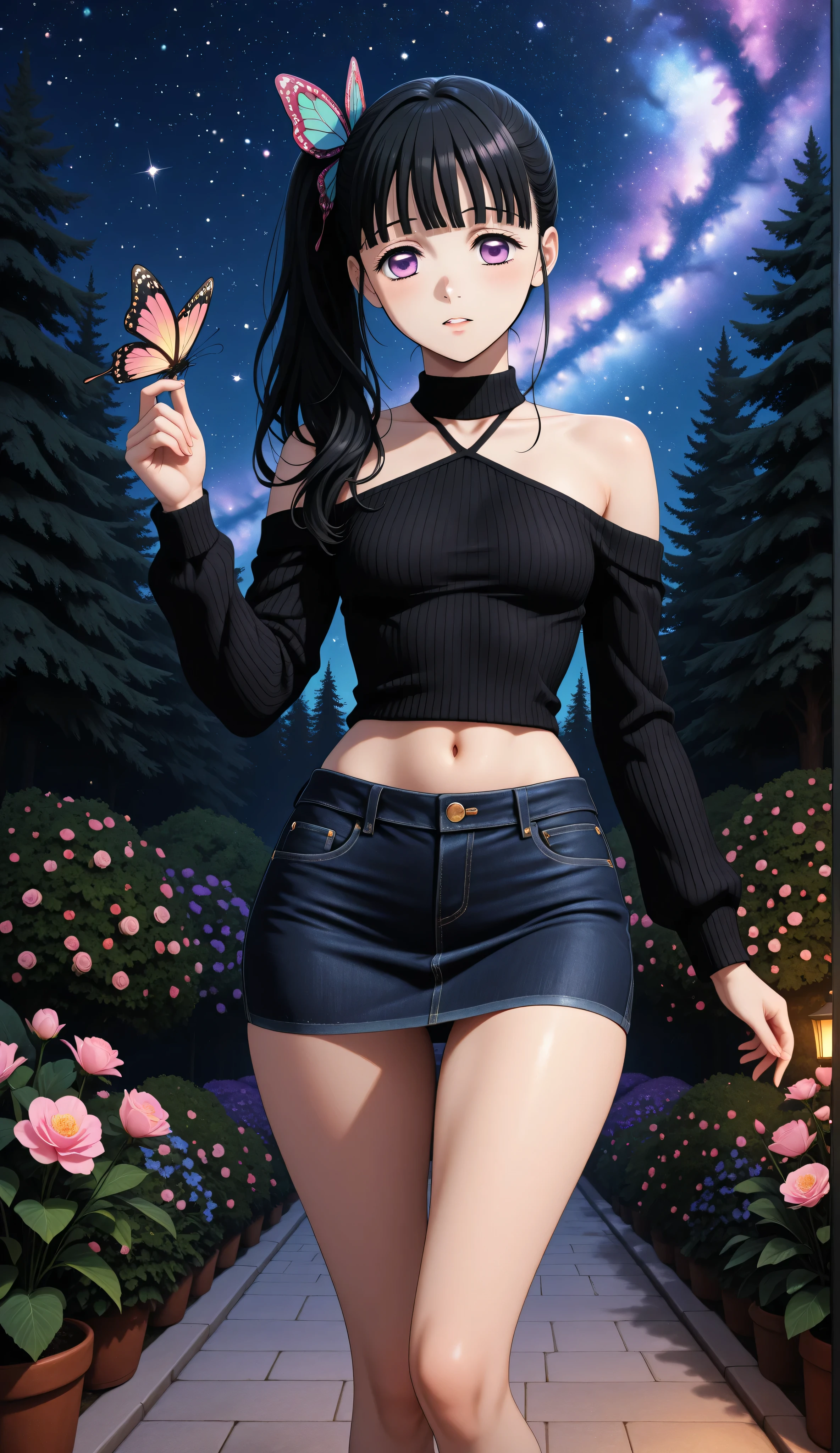 score_9, score_8_above, score_7_above, score_6_above, score_5_above, score_4_above,
source_anime, Scudo , long hair, black hair, side ponytail, hair ornament, purple eyes, small breasts.
She wears a short black sweater, Grooved, with long sleeves, bare shoulders and navel, clavicle, thin straps, Halter neckline
(((Black denim miniskirt,))) narrow waist. wide hips, thighs and wide legs. dark forest, Natural starry sky light, light with a navy blue to purple gradient. seated, sexy pose. resolution garden, butterfly in hand,