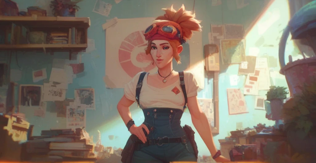 a photorealistic portrait of a girl with long, vibrant red hair in a braided hairstyle, wearing a plaid , a rope belt, and a tight tank top that accentuates her pronounced , standing in a comic book store, (art inspired by Bill Sienkiewicz), highly detailed, oil painting, (best quality,4k,8k,highres,masterpiece:1.2),ultra-detailed,(realistic,photorealistic,photo-realistic:1.37),HDR,UHD,studio lighting,ultra-fine painting,sharp focus,physically-based rendering,extreme detail description,professional,vivid colors,bokeh