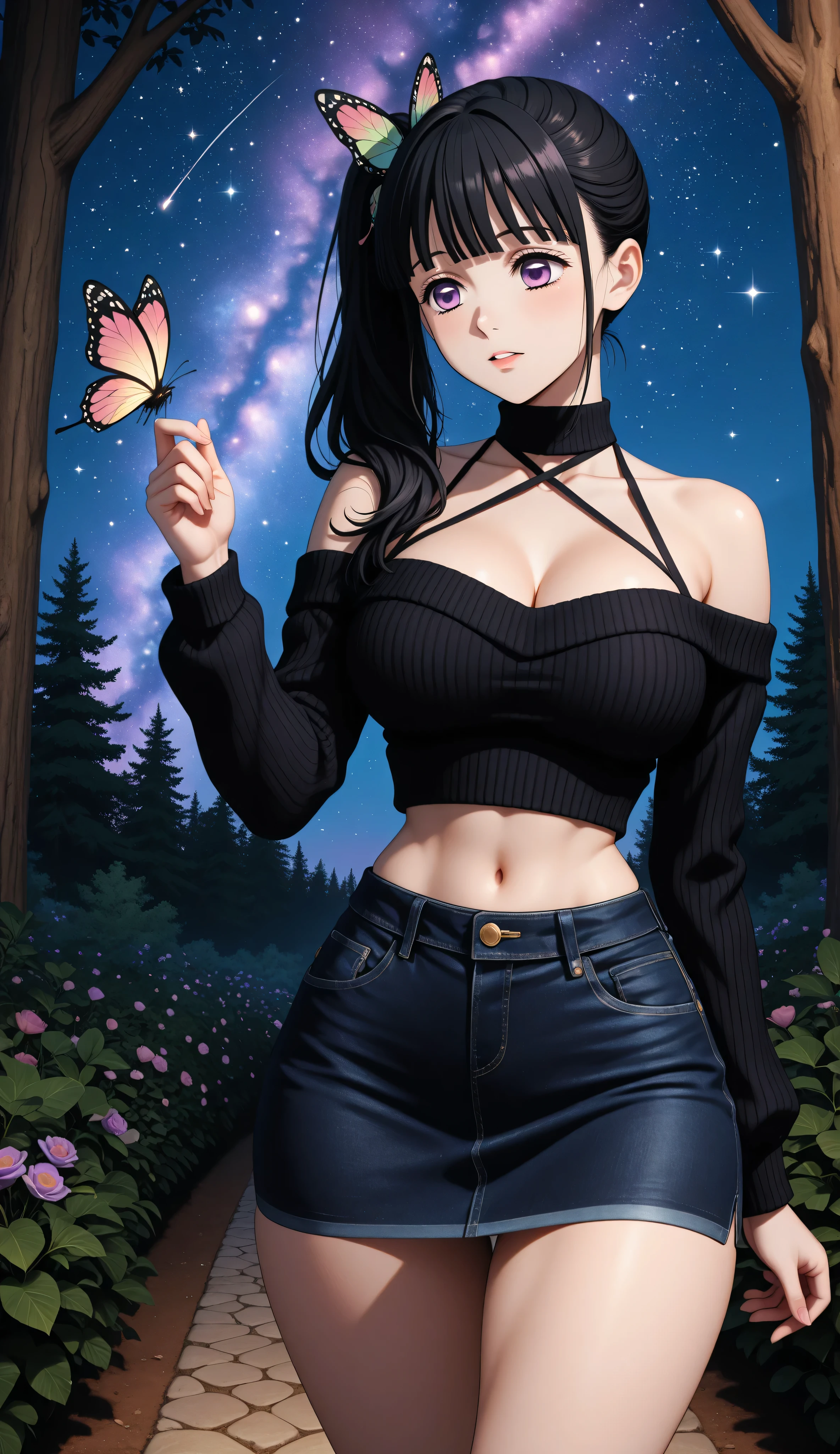 score_9, score_8_above, score_7_above, score_6_above, score_5_above, score_4_above,
source_anime, Scudo , long hair, black hair, side ponytail, hair ornament, purple eyes, very large and round breasts..
She wears a short black sweater, Grooved, with long sleeves, bare shoulders and navel, clavicle, thin straps, Halter neckline
(((Black denim miniskirt,))) narrow waist. wide hips, thighs and wide legs. dark forest, Natural starry sky light, light with a navy blue to purple gradient. seated, sexy pose. resolution garden, butterfly in hand,