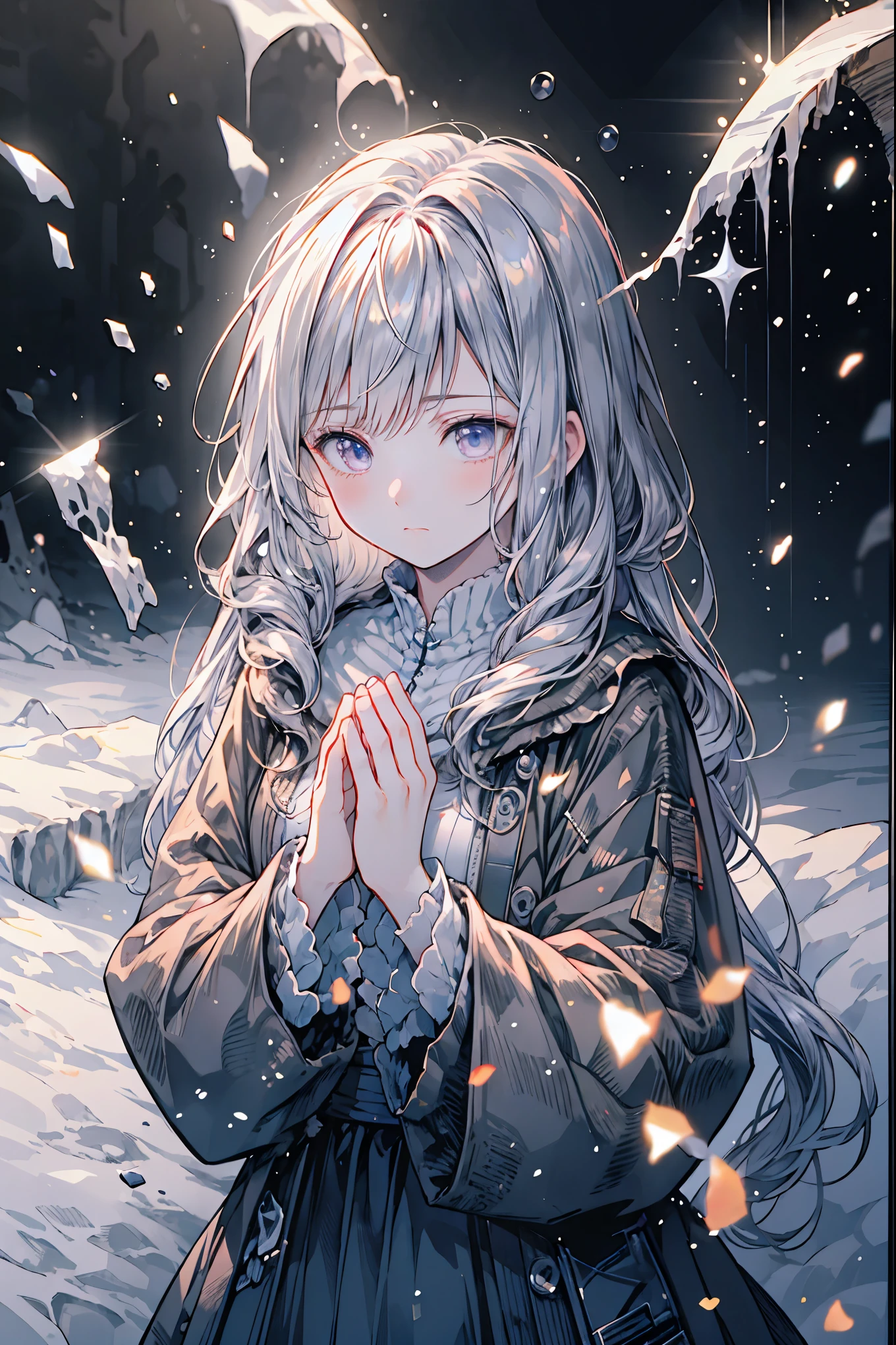 Freezing Beauty、Gentle Gaze Occasionally Peeking Under a Ghostly Appearance masterpiece, Realistic, prayer,Joining hands in prayer,🙏,Beautiful Portrait, high resolution, Vivid Colors, Fine Texture, extreme detail depiction, Professional Shooting, bokeh, HDR, studio lighting, photorealistic expression, emotional expression, Frozen skin , Flowing Hair、Frozen Eyes、Transparent Underwear、Ice Background、in dark tones、mystical atmosphere