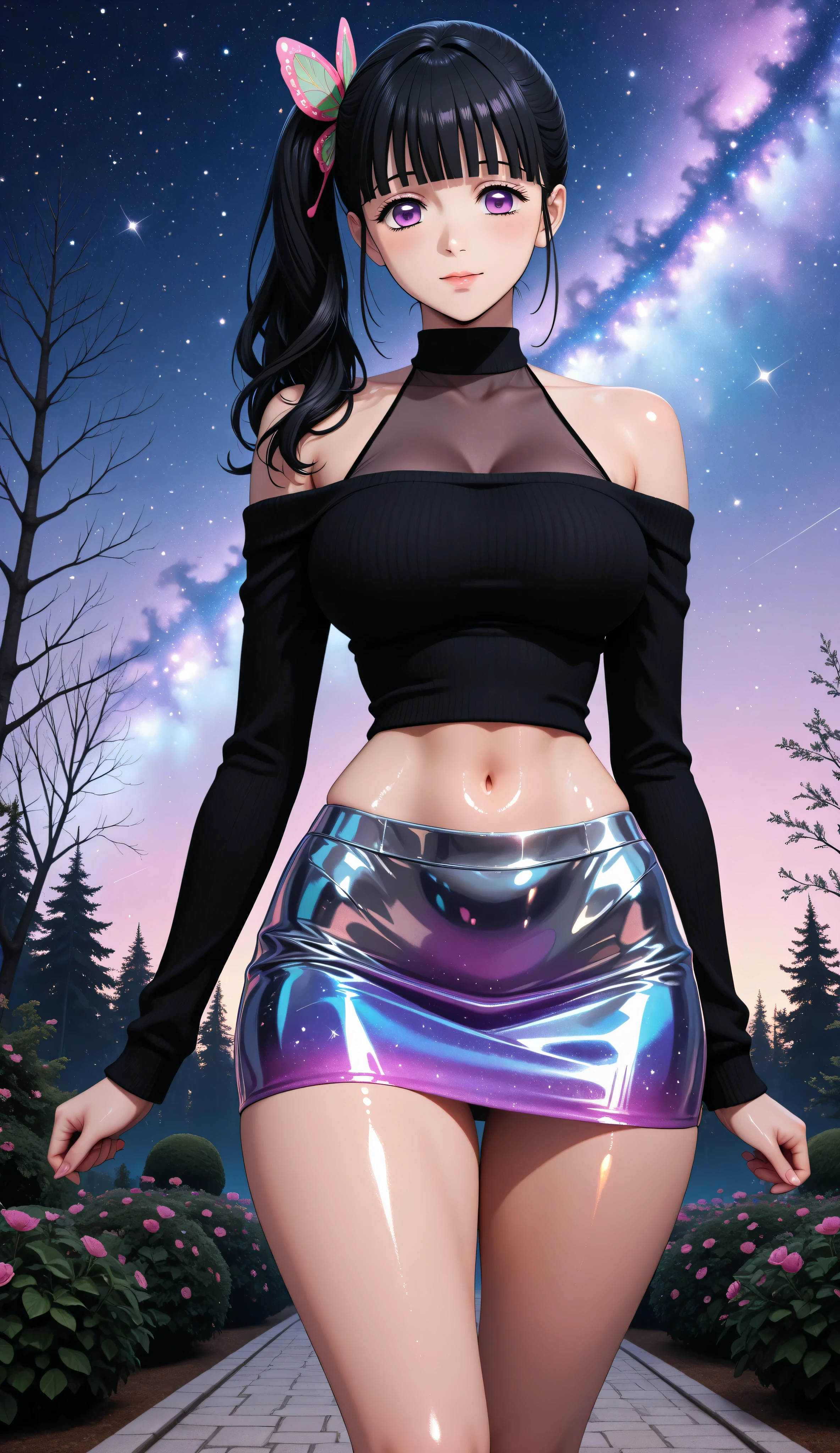 Perfect anatomy. Photo RAW. masterpiece. ultra high definition. top quality. Hyper-detailed. 8K. Bright colors, higher contrast and sharpness.
source_anime, Scudo , long hair, black hair, side ponytail, hair ornament, purple eyes, very large and round breasts..
She wears a short black sweater, Grooved, with long sleeves, bare shoulders and navel, clavicle, thin straps, Halter neckline
(((Shiny metallic latex miniskirt,))) narrow waist. wide hips, thighs and wide legs. dark forest, Natural starry sky light, light with a navy blue to purple gradient. posing with sensuality . resolution garden, flirty hands,