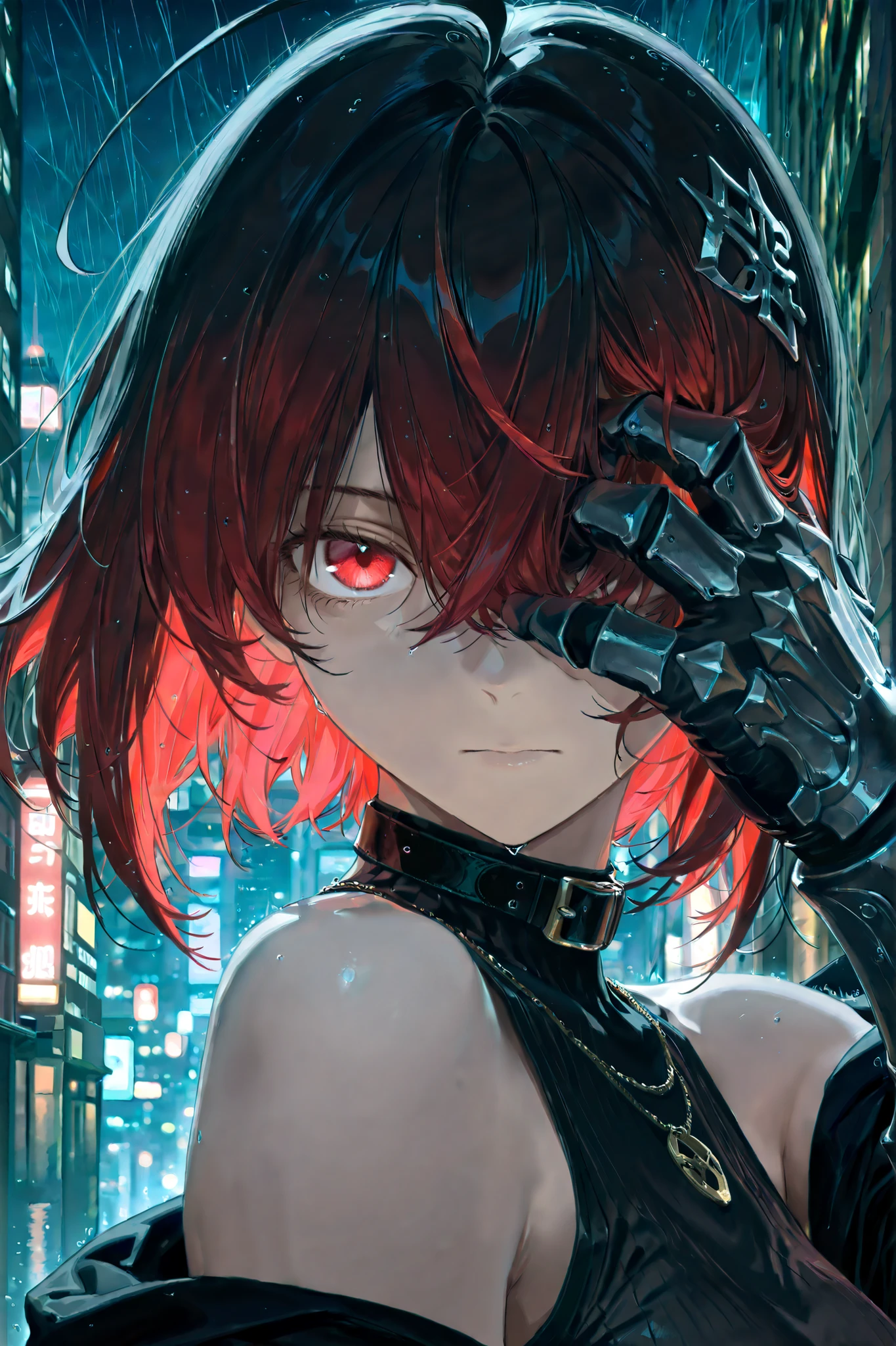 Night City, soft rain, thunder ,partially covered in shadow,(looking at viewer, side shot, portrait shot:1.22), dynamic shot, dynamic pose, warrior, (close up shot, three quarter shot:1.3), (1girl:0.35), solo, masterpiece, best quality, amazing quality, very aesthetic, high resolution, ultra-detailed, (soft shading, soft shadows, volumetric light:1.14), short hair, punk hairstyle, hair covering eye, hair over eye, red eyes, black and red hair, two-tone hair, multicolored hair, colored inner hair, long hair, hair between eyes, ahoge, hair ornament, sleeveless shirt, bare shoulders, collar, necklace, gunmetal and gold thigh boots, thighstrap, gauntlets, bare shoulders, loose jacket,