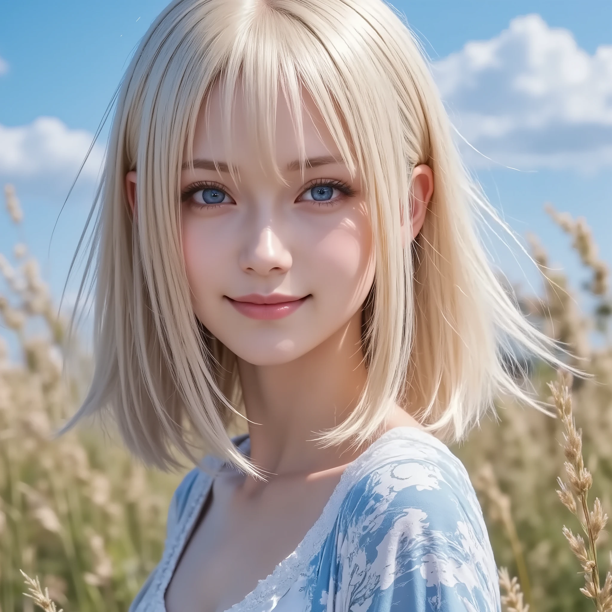 NSFW、A very young beautiful girl with beautiful white platinum hair dances in a short kimono with a white koi pattern and dances in the prairie