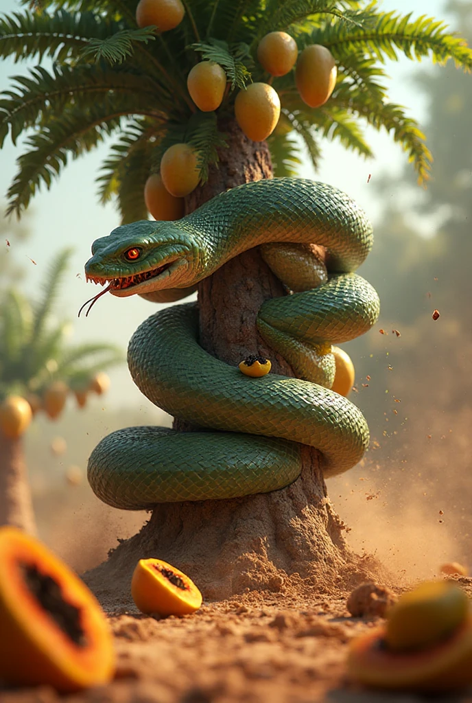 (best quality,highres,masterpiece:1.2),ultra-detailed,(realistic,photo-realistic:1.37),snake,bright green coloring,cute,adorable eyes,expressive face,friendly smile,whimsical cartoony style,anthropomorphic character,curved body,playful ,scales with intricate patterns and textures,characteristic snake  flicking,curious and mischievous expression,coiled pose on a tree branch,lush and vibrant jungle background,sunlight filtering through the leaves of the trees,soft and warm lighting,faint dappled shadows on the snake's body,colorful flowers and