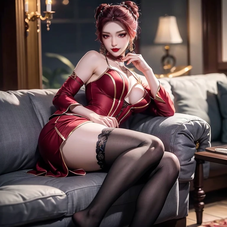 ((Raw photography,top-quality,hight resolution,Ray tracing,nffsw,Best Quality,Post-processing,portlate.3D,PureErosFace_V1:0.7,),(( Shiny dark red leather bondage outfit,golden luxury embroidery,Dark red ????,mistress,Bold figure,tight skirts,)))((((short hair hair,Emphasize cleavage,huge ???:4.0,Thin leg,Otto's eye,Elaborate depiction of limbs,a small nose,Have a perfect body,sleeveless,Full-body figure,high-heels,)))),((tthin eyebrows,long eyelashes,smil,二重まぶた,Vibrant eyes，looking down on viewers,red lipsticks,)),Create beautiful light effects on the background,Light Particle Filter,(finerly detailed face:1.3),hotel,Sit on the sofa and cross your legs,low angles,