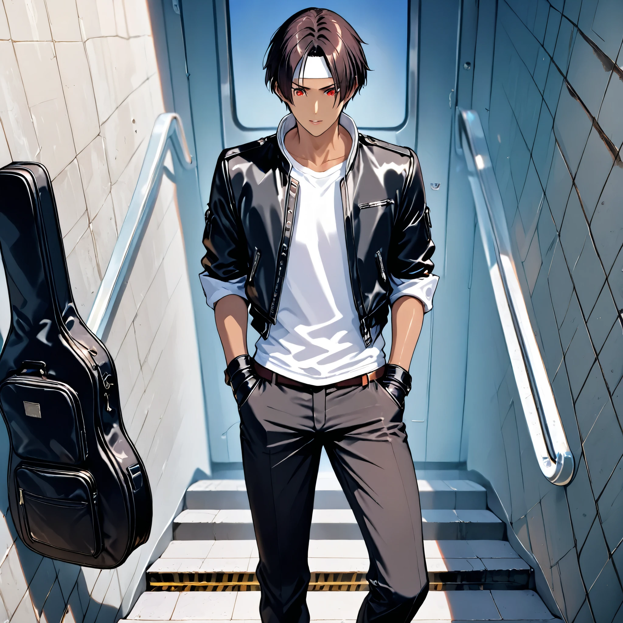 ((score_9_up, score_8_up, score_7_up)), 8K, best image quality, masterpiece, amazing image quality, ultra-detailed, delicate illustration, best shadow, highly detailed, landscape, depth of field, volume, AI assist, beautiful face, detailed face, highly detailed face, perfect eyes, perfect anatomy, perfect body, perfect face, perfect eyes, perfect arms, perfect hands, perfect fingers, perfect legs, perfect feet, perfect proportions, (very detailed beautiful eyes: 1. 2), balance between beauty and danger, 28_ years old, male focus, gazing, one male, solo, short hair, bangs, dark hair, red eyes, dark skin, hair between her eyebrows, parted lips, shirt, in her hand, . She is wearing ((black jacket with rolled up sleeves)) , open jacket, black fingerless gloves, white t-shirt, ((white headband)), black pants, white shoes, brown belt, looking down, phone, cell phone, white shoes, sneakers, smart phone, phone holding, hands in pockets, instrument case, guitar case, subway stairs, simple background, (black outline:1.3), standing
