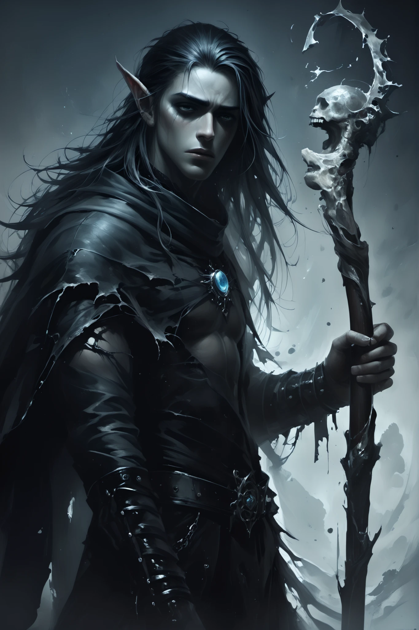 This is a highly detailed digital illustration, Hyperrealistic digital painting of an ethereal elven man. She has pale skin, emaciated, , long, disheveled black hair with a ragged hood and punctures Sharp. its emptiness, with slightly black eyes with a sad expression. He wears a torn black garment, leather torn by bones and a torn cane, capa negra. In his right hand, he holds a , with a large , black magic gem on the tip. The background is dark with gray reflections. The lighting is created by the jewel on the cane, highlighting his emaciated features and the texture of his clothing, and they create very strong shadows. The overall style is one of fantastic realism. His posture and angle are dynamic, gray that shows sadness and evil.