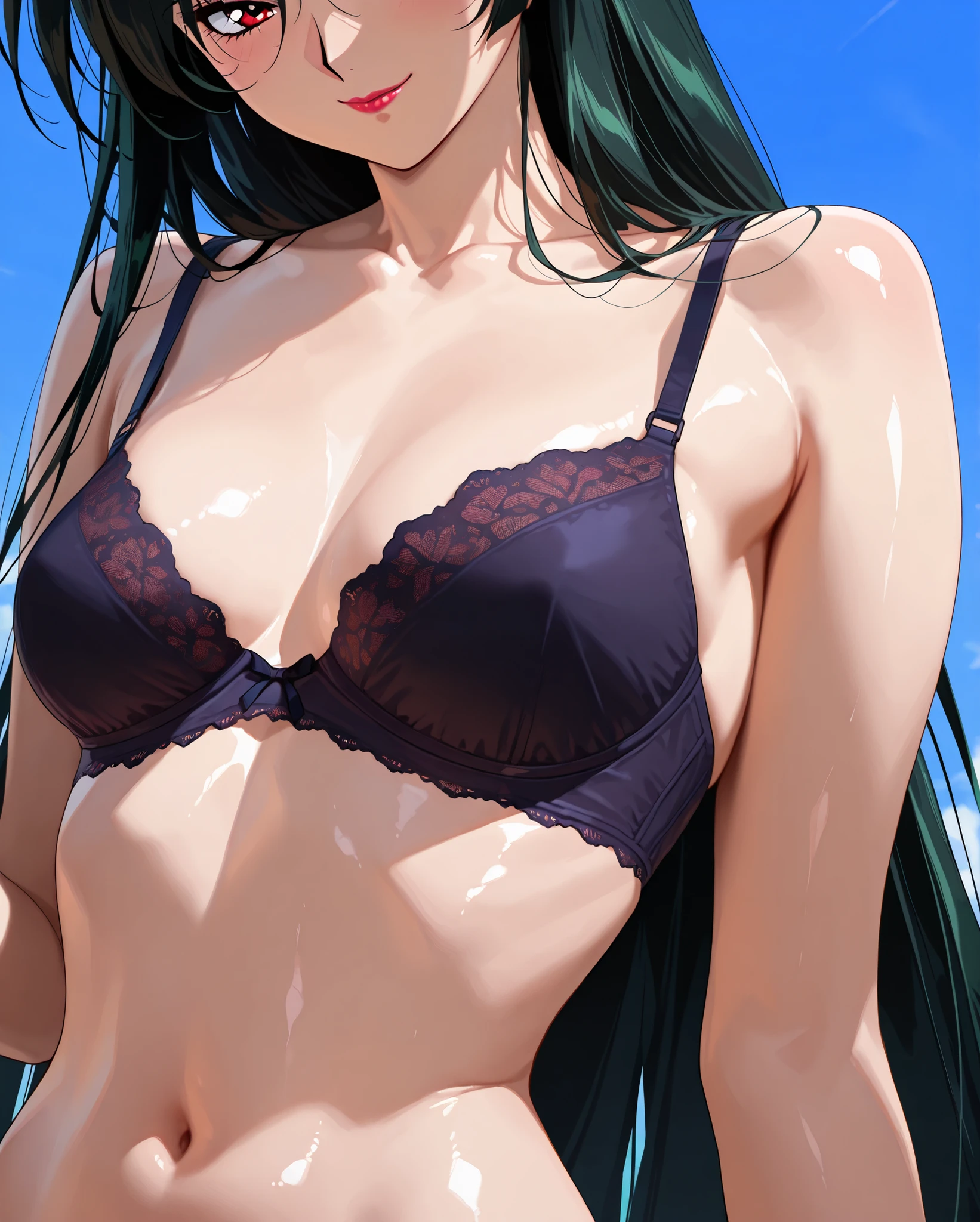 masterpiece, amazing quality, best quality, ultra-detailed, 8K, illustration, clear skin, ultra-detailed-eyes, soft skin, very awa, very as2, shiny hair, soft body, 1990s \(style\), official art, solo, mature woman, setsuna meiou, long hair, (red eyes), very long hair, small breasts, lipstick,, cutting out below the eyes is hot, cutting out below the eyes is hot (meme), smile, bra, eyes out of frame, head out of frame, meme, breast focus, navel focus, close-up, navel, collarbone, from side, blue sky,