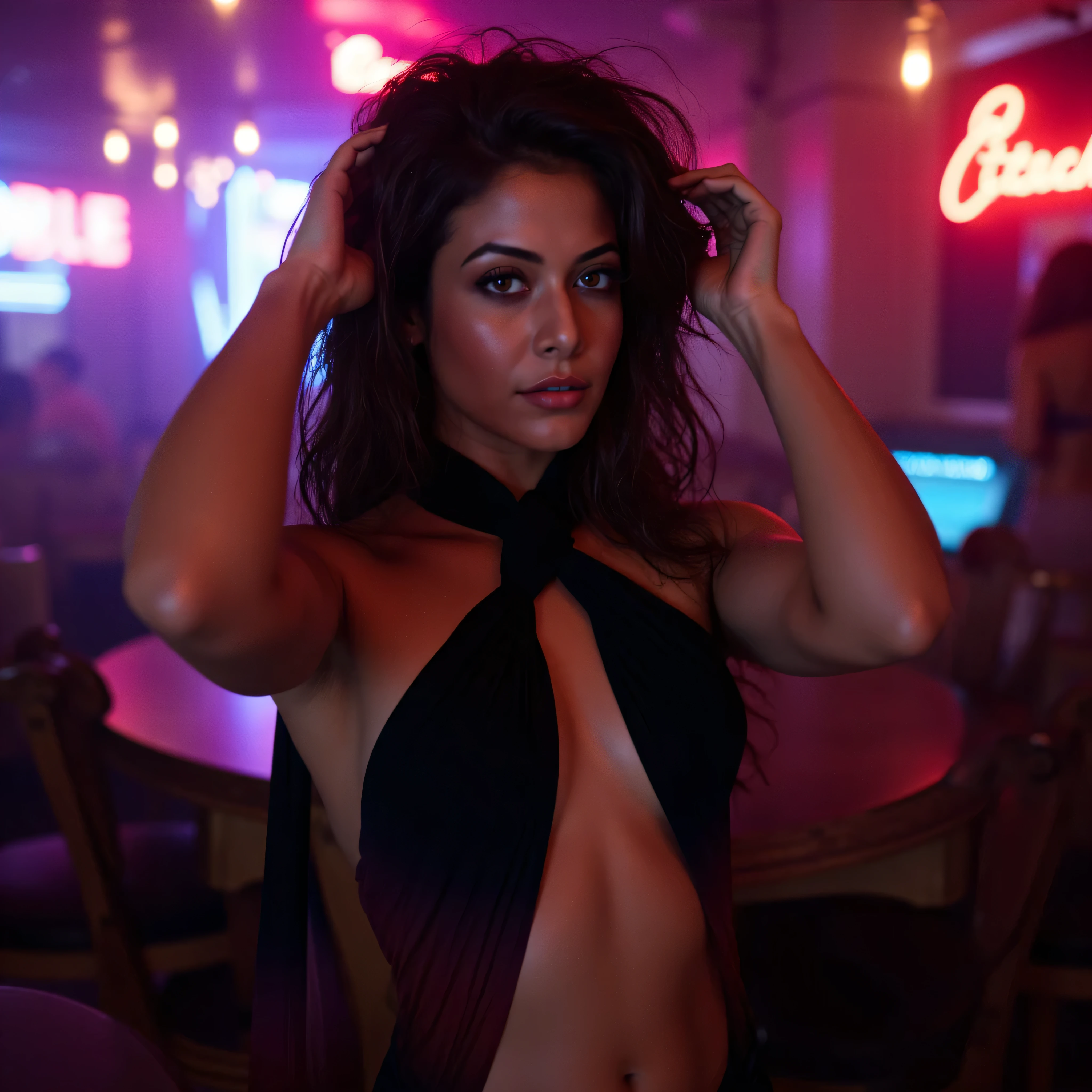 knotted halter dress,koel mallick,a woman with dark messy hair, a black knotted halter midi dress, in a dimly lit night club with neon lighting, tieing hair with her hands, beautiful detailed eyes, beautiful detailed lips, extremely detailed eyes and face, long eyelashes, sensual pose, cinematic lighting, dramatic shadows, moody atmosphere, neon signs, club interior, vivid colors, photorealistic, 8k, highest quality, masterpiece, anatomically perfect, full body
