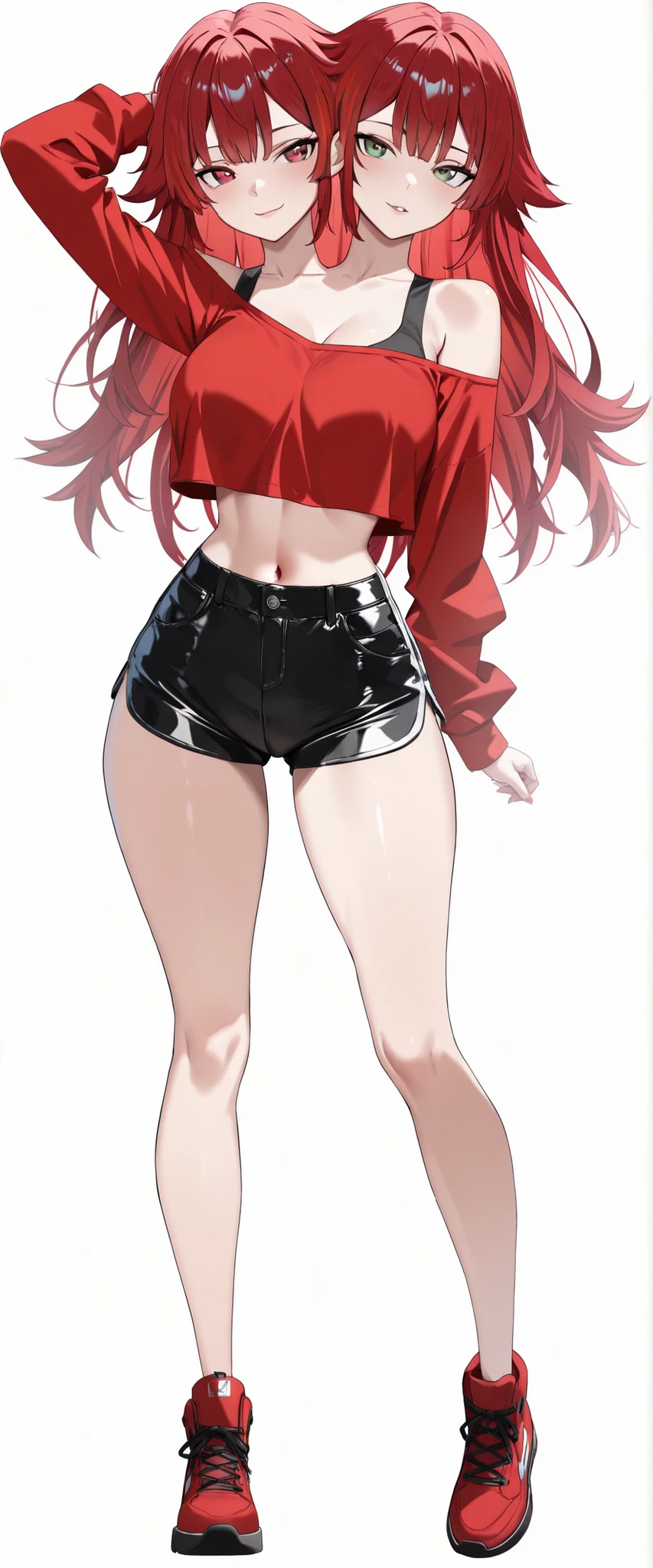 (masterpiece),(ultra-detailed), (high quality), (high resolution), (best quality:1.5, highres, UHD), highres, absurdo, ultra detail, ultra quality, Ultra resolution, 16k, 1girl, (2heads:1.5), girl with two heads, (red hair:1.5)), ((different hair colors:1.5)), (shorts), bare shoulder crop top, sexy proportions, (exposed midriff), thighs, Beautiful girl with accentuated slender abs, ((seductive posture)), red crop top, ((different hairstyles)), different haircuts, (long hair), (red eyes), (green eyes), red crop shirt