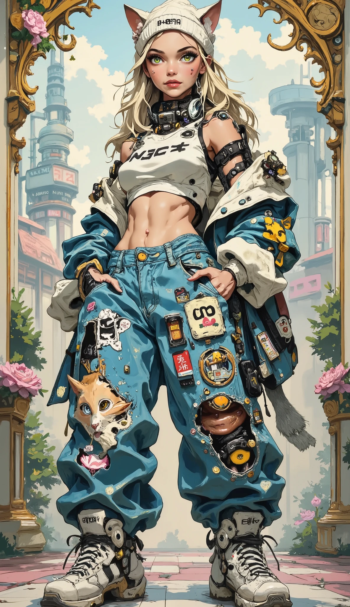 Playful female character with an expressive, distinctly feline face or a seamless fusion of cat and human features—large cat eyes, muzzle, whiskers, furry cat ears. The pose is flirtatious, accentuating a sense of movement and personality. She wears extremely oversized, baggy rapper-style jeans, even larger than typical, with exaggerated volume and turned-in cuffs, richly decorated with embroidery, patches, and designer details; jeans are the main focus. Her top is ultra-cropped, covering only the chest and baring the entire stomach. She has a fluffy cat tail, furry sleeve cuffs, and a large, pastel knit beanie. Her boots are humorously large, super-exaggerated, cartoon-like, further emphasizing the caricature in the outfit. Slightly stylized or semi-cartoon aesthetic, soft cool color palette (pale blues, cream, beige, whites, gold accents), soft diffuse lighting. Urban fantasy or whimsical setting, ornate floral or steampunk details in background. High detail on clothing, pronounced caricature effect in outfit proportions, overall playful, bold, modern mood.