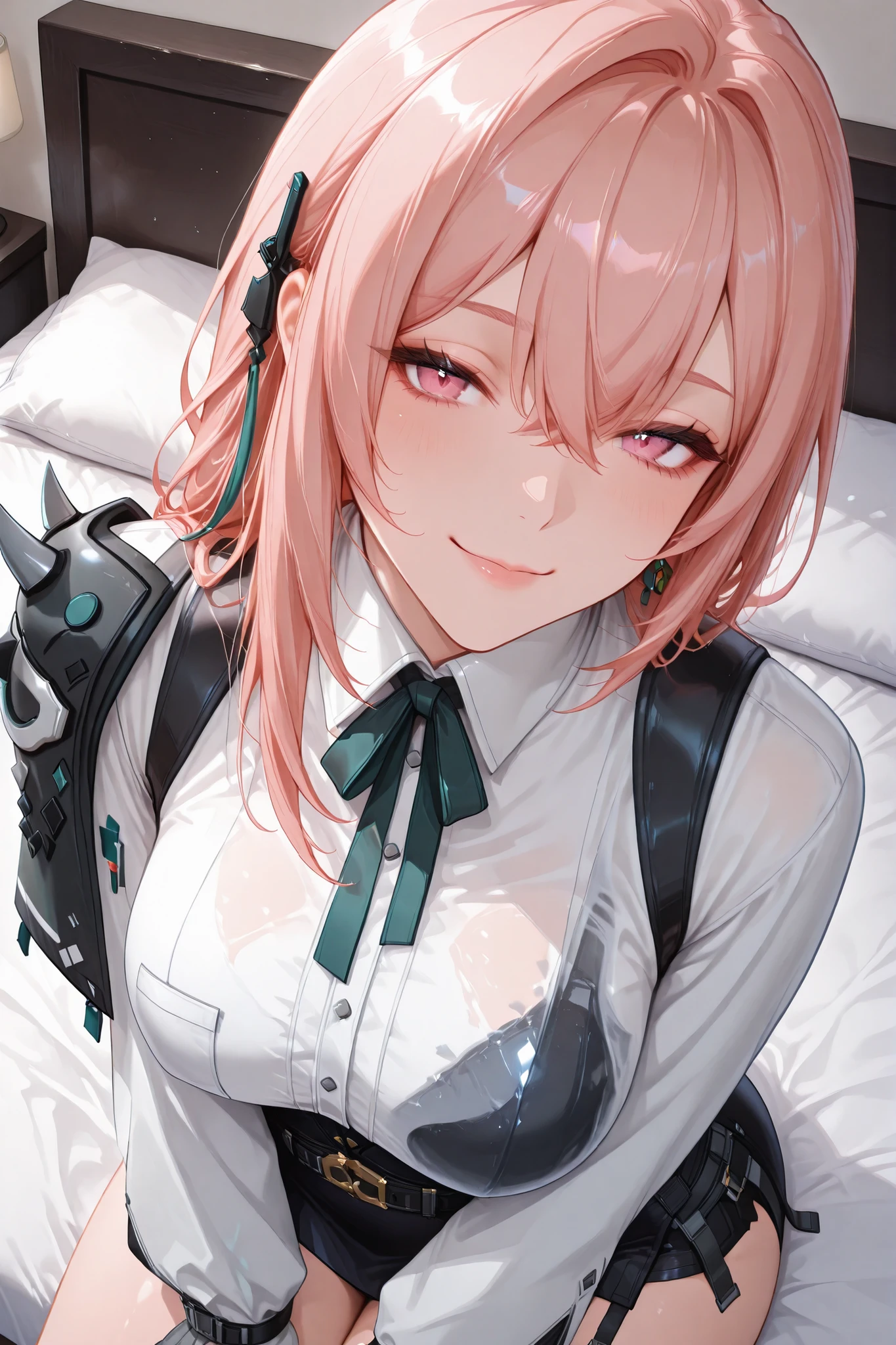 Yanagi with glass swetty and smug face sitting on bed tsukishiro yanagi\(zenless zone zero\)