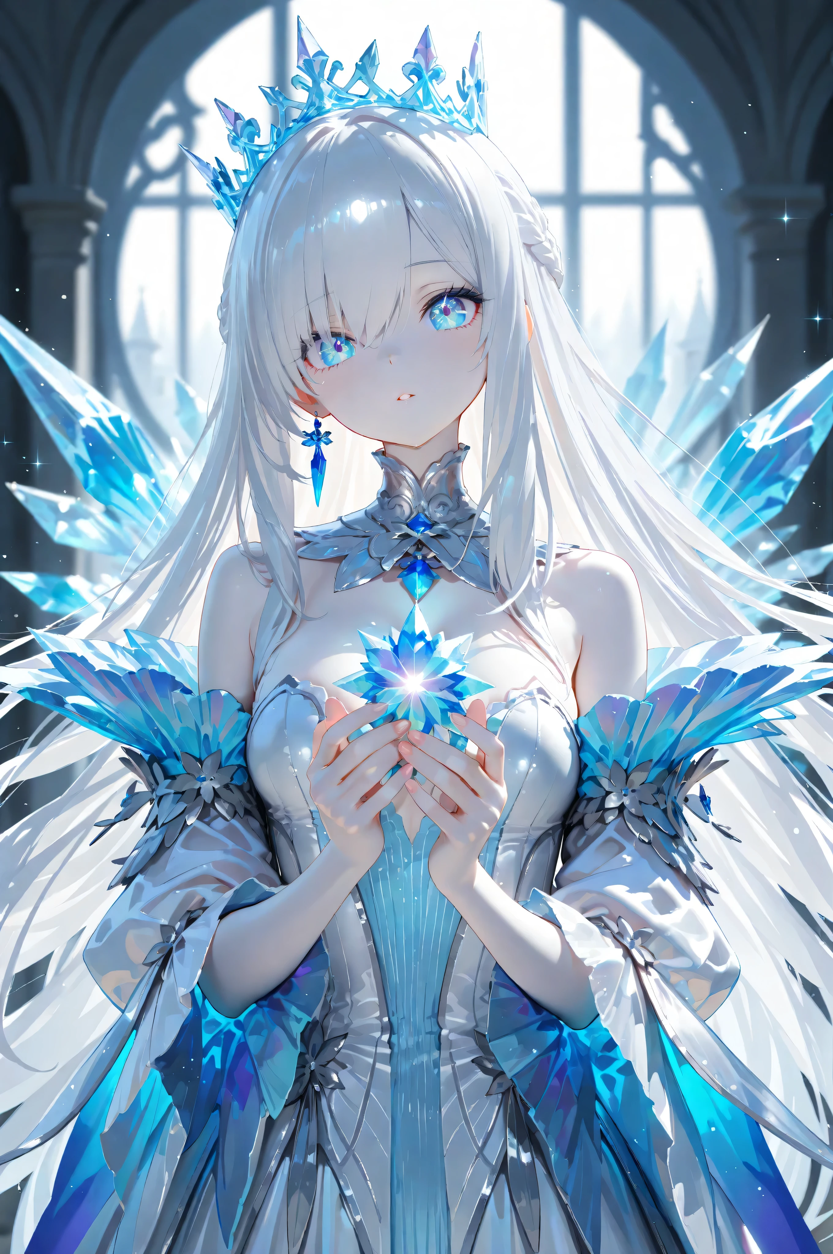 (masterpiece:1.2), (Super Detailed:1.2), Highly Detailed Faces, long lashes, 8k, HDR, Anime Style, Cute,748cmstyle,(Masterpiece: 1.2, Highest Quality), (Beautifully Detailed Eyes: 1.2), (Extremely Detailed CG, Ultra-Detailed), (Extremely Detailed and Beautiful wear Alternative: 1.1), (Perfect Detail: 1.1), Cinematic Lighting,sparkle(in the eyes),A beautiful woman stands in a world of ice. With snow-white skin, crystal-clear eyes, and long silver hair illuminated by the moonlight. From within her cold, statue-like expression, a gaze that is both gentle and melancholic suddenly emerges. A delicate light like a dream, a bright yet frozen kingdom shrouded in silence, a beauty as fleeting as melting frost,Looking at the camera