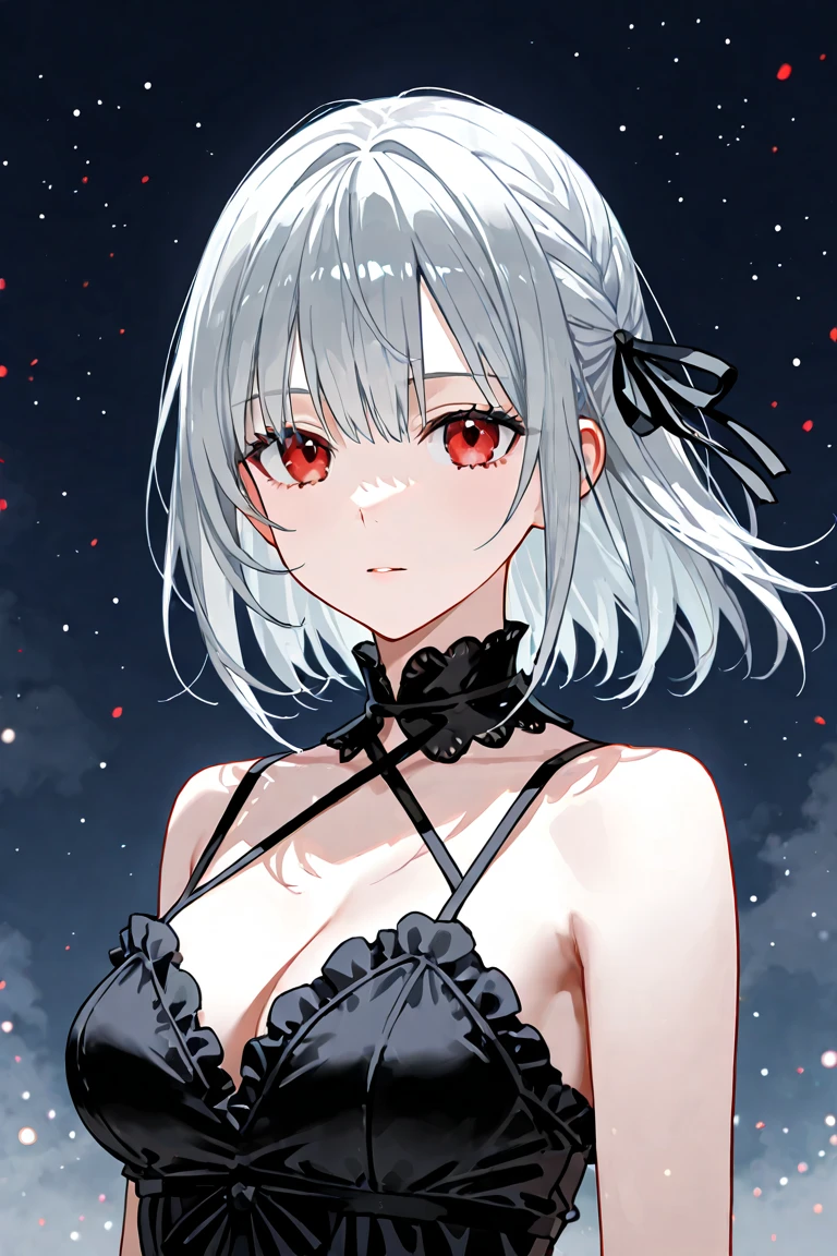 masterpiece、top-quality、cinematic Film still from、one-girl、(split in half:1.3),(Divide black and silver hair into two halves:1.2),(closeup cleavage:1.1)、Glowing light、blissful、A delightful、gentlesoftlighting、(bauhause、form、ligne、Abstract:1.1)silver hair ponytail hair、butterflys々、black long dress((masterpiece)), face expressionless, (((top-quality))), ((illuminations)),
1 girl in,, ((独奏)), (Detailed faces), (beautifuldetails), eyes with brightness, red eyes, ((messy  hair)), 
A smile、Straight eyes、Sit on it、((facing sideways))、
hair tie、Black transparent skirt、mistic、star shaped glowing eyes、Glowing eyes background、Written、
(Magazines:1.1), (cover type:1.1), fashionably, femele, with vitality, garments,  poses, Ahead, Colorful, dynamic, Background with, element in, I am very confident, Expressive, fail, statement, accessories, Majestic, coiled, Surroundings, Touch, The scene, text, lid, Very bold, grab attention, titles, Funky,  Catchy, titles, bigger, Touching, modern, Uptrend, focal point, Fashionab,Short silver hair、Short silver hair, (Wearing a Formal business suits:1.3)1 girl in, FULL-BODY ESBIAN, cow boy shot, (Rembrandt), illuminations, (masterpiece), (Top image quality), (Ultras_Detailed pubic hair), finely detailled, (depth of fields), mitts, Stick out her tongue, Tongue stock, As estrelas \(sigature\), Different opinions, (Light silver hair:1.2), (Star-shaped eyes:1.5),red eyes, upper part of body, hair adornments, , The shirt, A smile,  The shirt, idoly, pupils in symbol shapes, By bangs, One side facing up, star-shaped bule pupils, dress pull, Roaring 20s, isometry、from the above、silver hair ponytail hair, dressed in a suit、glowing light eyes、star shaped glowing eyes、clear eyes、look at me from the front、formal suits、Redness of the eyes、Star-shaped eyes、piece sign,((Half silver and half black hair:1.4))