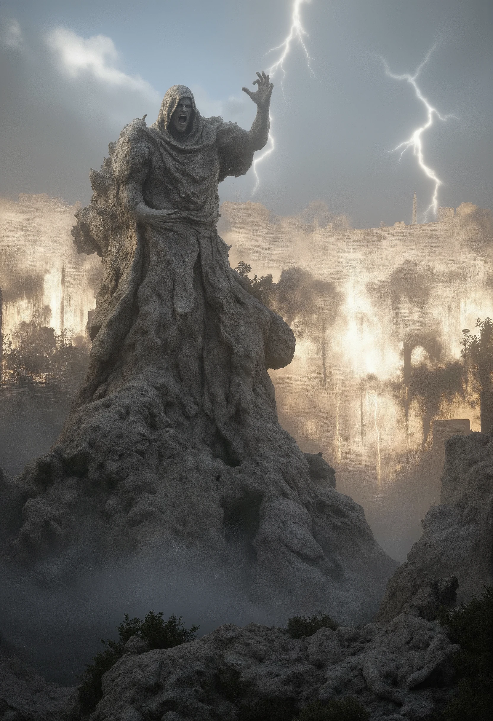 in Matera, sassi_di_matera. (masterpiece, best quality, ultra detailed, realistic, photorealistic, cinematic lighting). Stone skinny giant male with angry desperate face walks on city buildings destroying them. the statue has a long hooded tunic that merges with the rock below. the statue is mixed with the ground. Realistic hands. ((full body)), mybeauties, GTS, The perspective is from below, emphasizing the sheer majesty and power of the Giant. clear blue sky, thunder, lightning, glimmers around