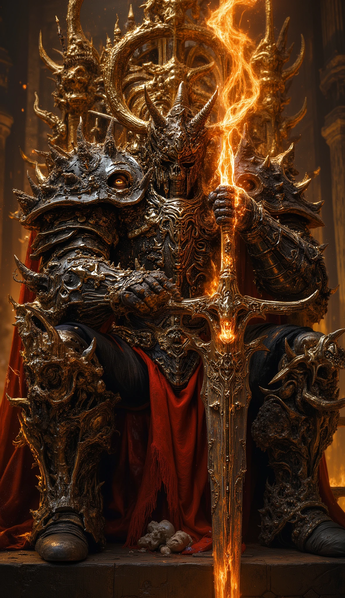 front view camera. immense warrior wearing heavy prickly black armor with gold details, a skull-shaped black helmet with a golden crown and red cape , is wielding a long flaming sword with a wide blade as large as he . seated on a bone throne in a hyper realistic golden hall .