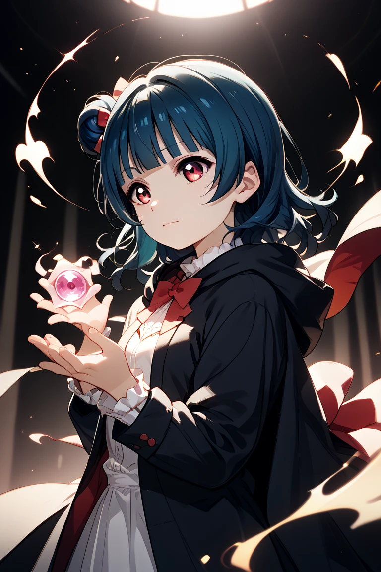 (masterpiece, highest quality, highest quality, (No text), Beautiful and aesthetic:1.2),No text,アニメ、 BREAK,One Girl，Short black hair　Beautiful eyes　Red eyes　Beautiful girl　cool　smile　Black Coat　　whole body　Night view　Detailed eyes and face
