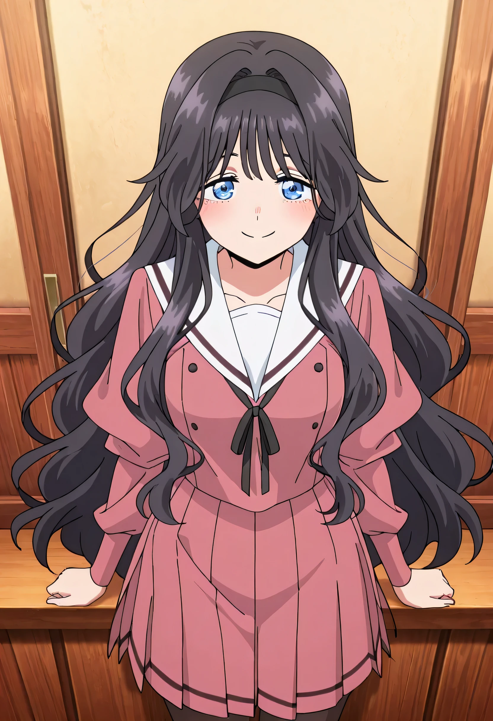 masterpiece, best quality, absurd, latest, high resolution, official art, screenshot, anime screenshot, anime coloring, masterpiece,best quality,absurdres,newest,highres, official art, detailed eyes,anime eyes,high detail eyes,multicolored iris,detailed iris,anime style 1girl kaoruko waguri, long hair, blue eyes, black hair, very long hair, sidelocks, hairband, wavy hair, hair intakes, black hairband, mature female, medium breasts, shirt, skirt, long sleeves, ribbon, pantyhose, pleated skirt, serafuku, puffy sleeves, sailor collar, black pantyhose, neck ribbon, black ribbon, pink skirt, white sailor collar, pink shirt, making cute poses, smiling and looking affectionately