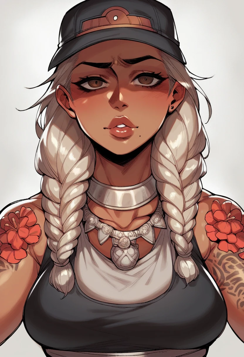 woman with white hair with 2 blue dreadlocks and moving beads, tattoos, septum and with matte red lip gloss, long eyelashes and juicy lips, make up shadows diving   body 
