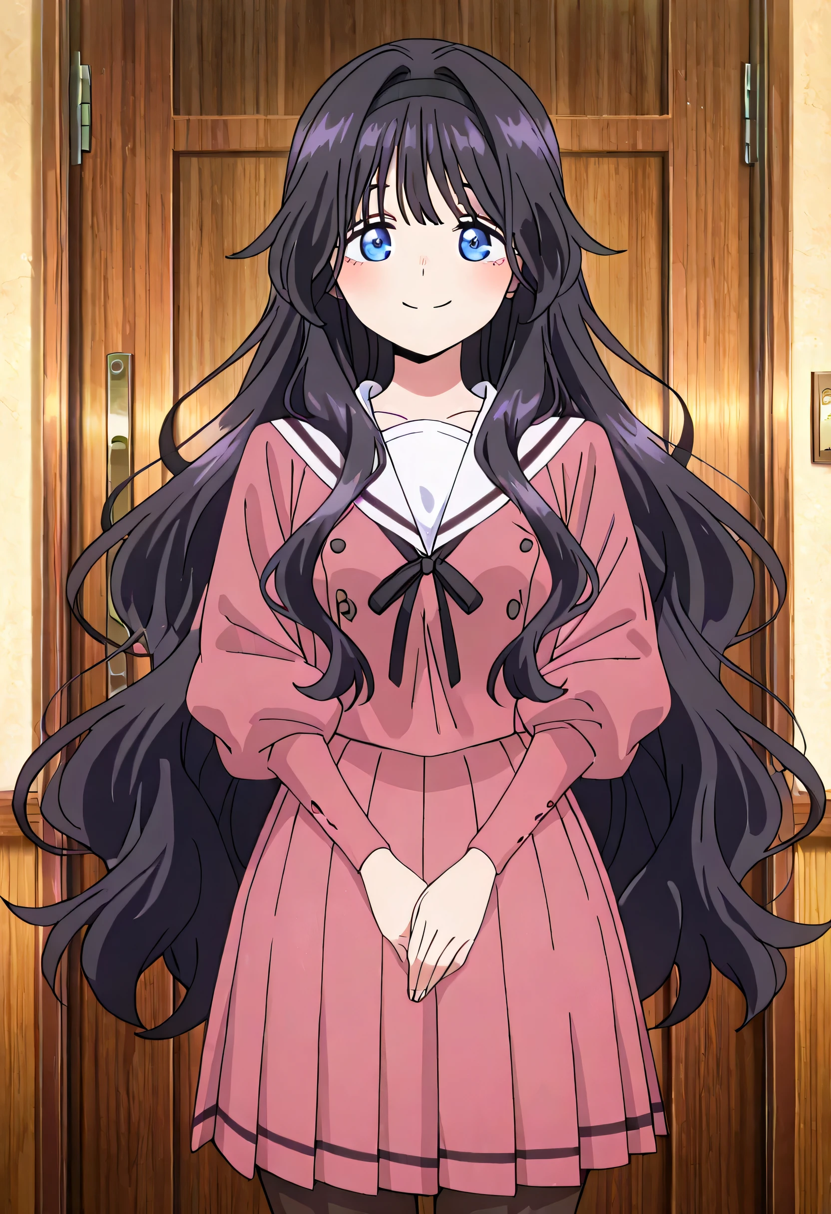 masterpiece, best quality, absurd, latest, high resolution, official art, screenshot, anime screenshot, anime coloring, masterpiece,best quality,absurdres,newest,highres, official art, detailed eyes,anime eyes,high detail eyes,multicolored iris,detailed iris,anime style 1girl kaoruko waguri, long hair, blue eyes, black hair, very long hair, sidelocks, hairband, wavy hair, hair intakes, black hairband, mature female, medium breasts, shirt, skirt, long sleeves, ribbon, pantyhose, pleated skirt, serafuku, puffy sleeves, sailor collar, black pantyhose, neck ribbon, black ribbon, pink skirt, white sailor collar, pink shirt, making cute poses, smiling and looking affectionately