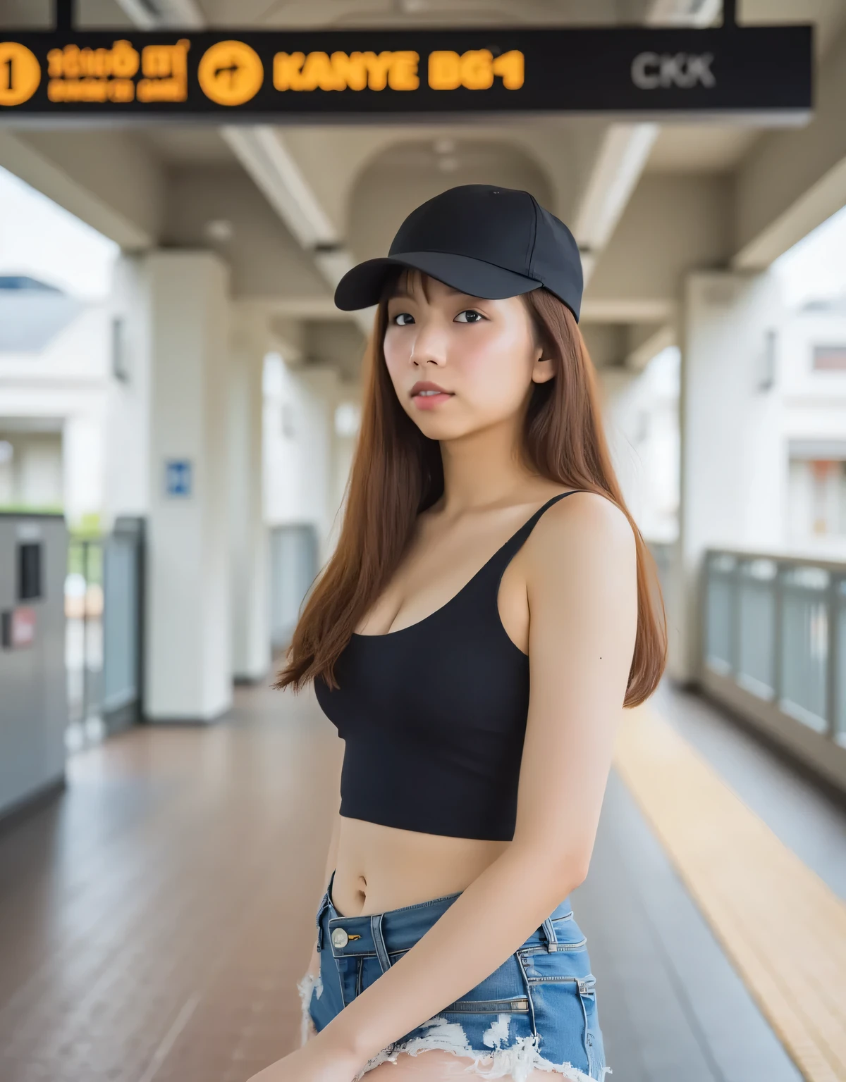 A young woman with a perfect figure, long brown hair and fair skin, wearing a tight black cropped sleeveless tank top, micro-distressed denim shorts and a black cap, is gracefully posing on the platform of a realistic BTS Skytrain station in Bangkok. The urban backdrop of modern architecture, platform signs in Thai, soft ambient lighting and beige tones dominate the space, creating a street fashion style shoot with a realistic atmosphere and attention to detail.