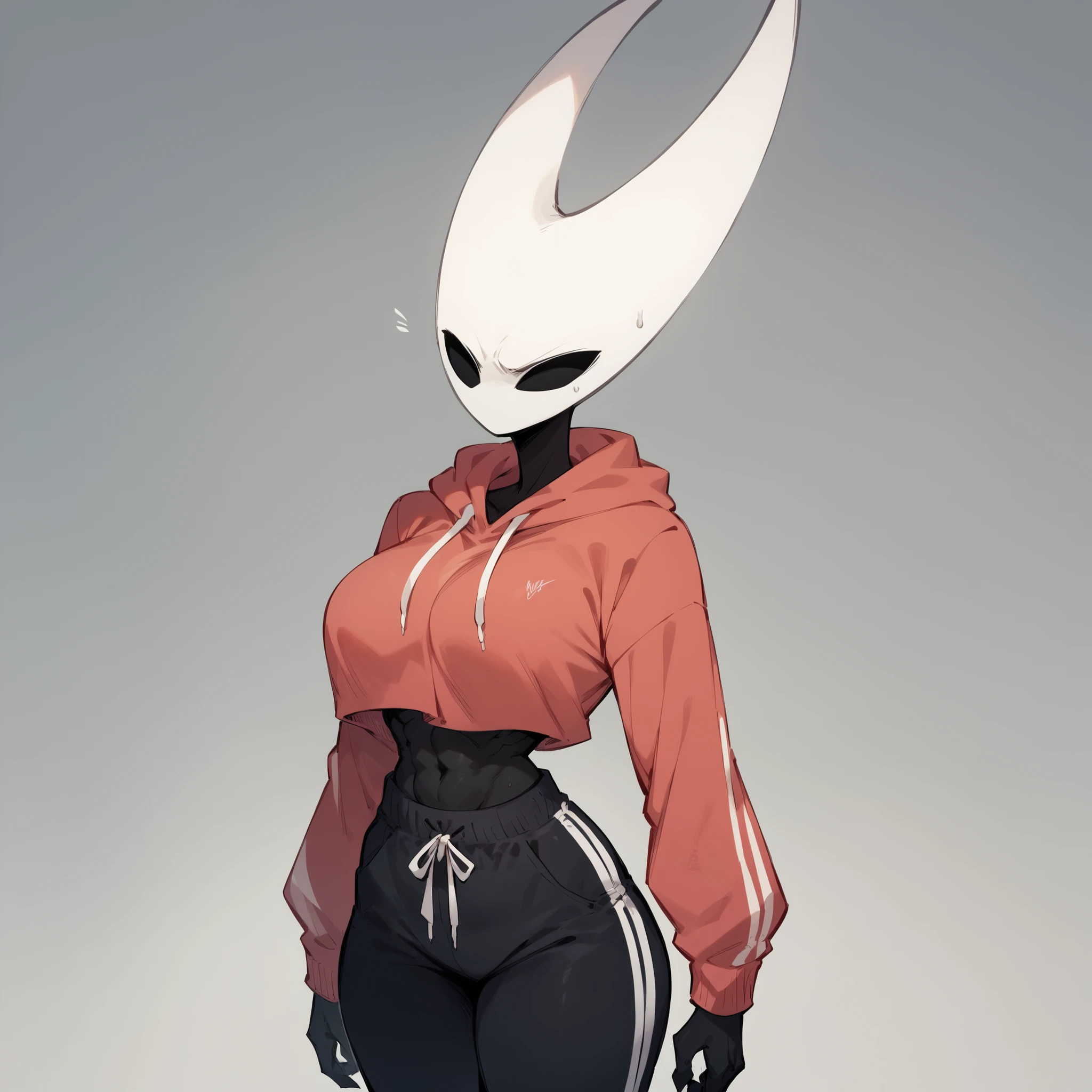 highest resolution, distinct_image), best quality, hornet, female, black body, athletic body, thin arms, thin legs, big breast, sweatpants , thin waist, red hoodie, upper clothes, solo, serious expression