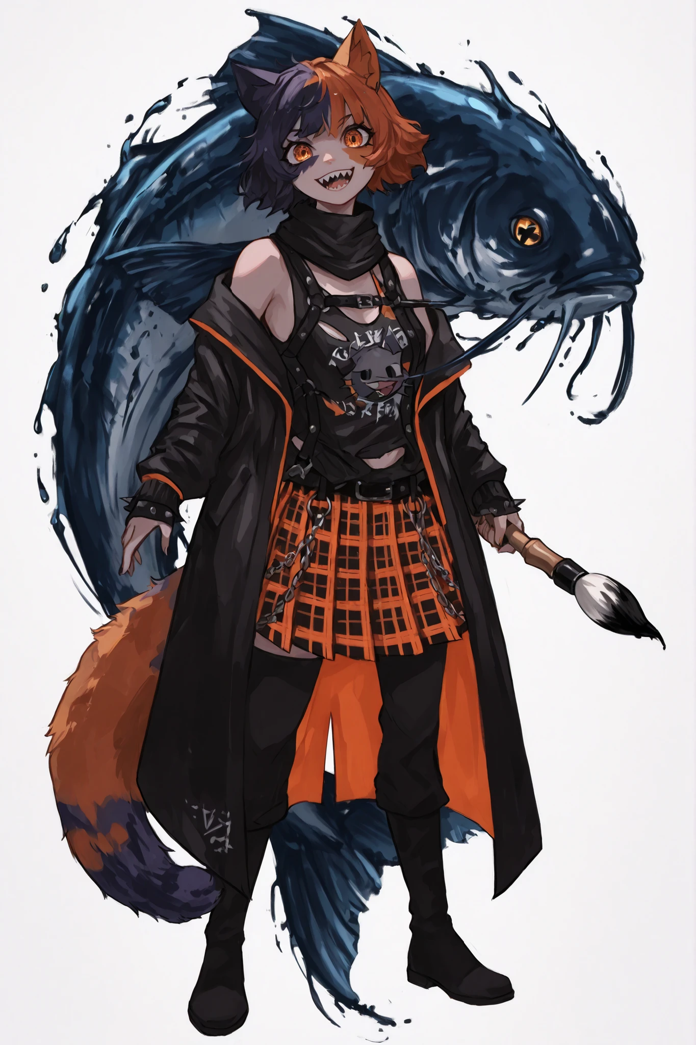 master masterpiece, 4k, score_9 , score_8_up , score_8 , score_7_up score_6_up score_5_up score_4_up, 1girl, solo, vivid color, neon, dynamic angle, simple background, young girl, 1 girl, cat ears, cat tail, big cat tail, thick tail, meowskulls, big eyes, short hair, messy hair, multicolor hair, calico cat fur, Neko, vitiligo, orange eyes, beautiful eyes, detailed eyes, sharp teeth, large smile, boldness, challenge, lively, cool, jacket on shoulders, jacket, long sleeves, short skirt , black belt boots, belts, chains, looking at viewer, fish, ink fish, ink fish in back, japanese ink brush, Clear focus,hard lighting,vivd colour