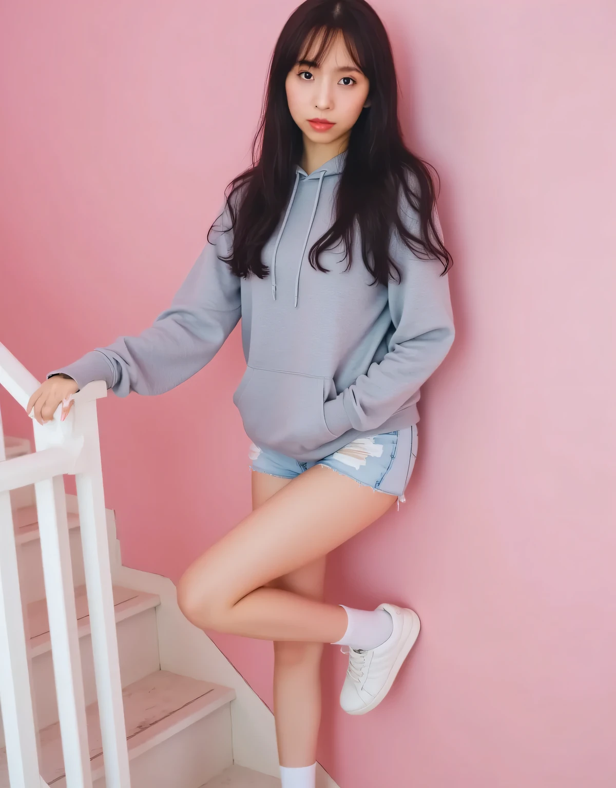 A realistic image of a K-Pop-style woman, Japanese beauty, long, wavy black hair. The wall behind her is pink, and she is posing for the camera. She is wearing a gray hoodie, ripped shorts, and white sneakers. She is standing on the stairs, leaning one hand on the banister. Her entire body is visible from head to toe.