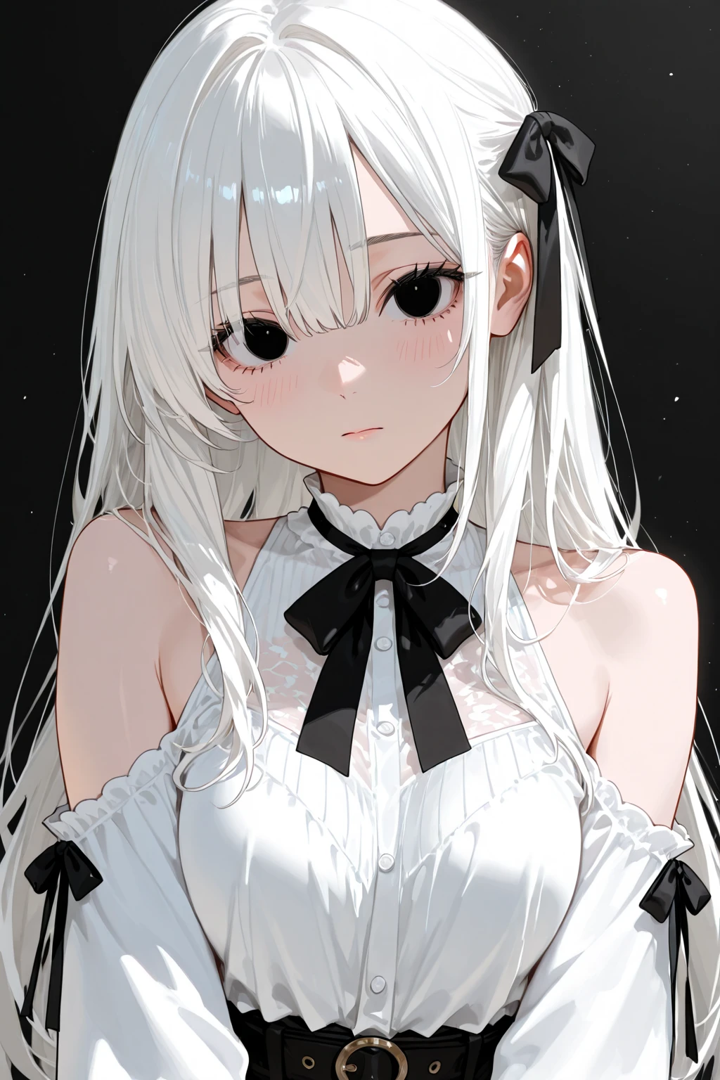 Superb Creation, High Resolution, Best Quality, UHD, Super Detail, Award-Awarded, 16k, (Upper Body), A Beautiful Maiden, Gray Hair, Hair, ((Heterochromia)), Hanging Corners, Fair Skin, (Small ), (Slim Body), ((Shirt)), (Ribbon Collar), (Short gloves as short as half a palm)
